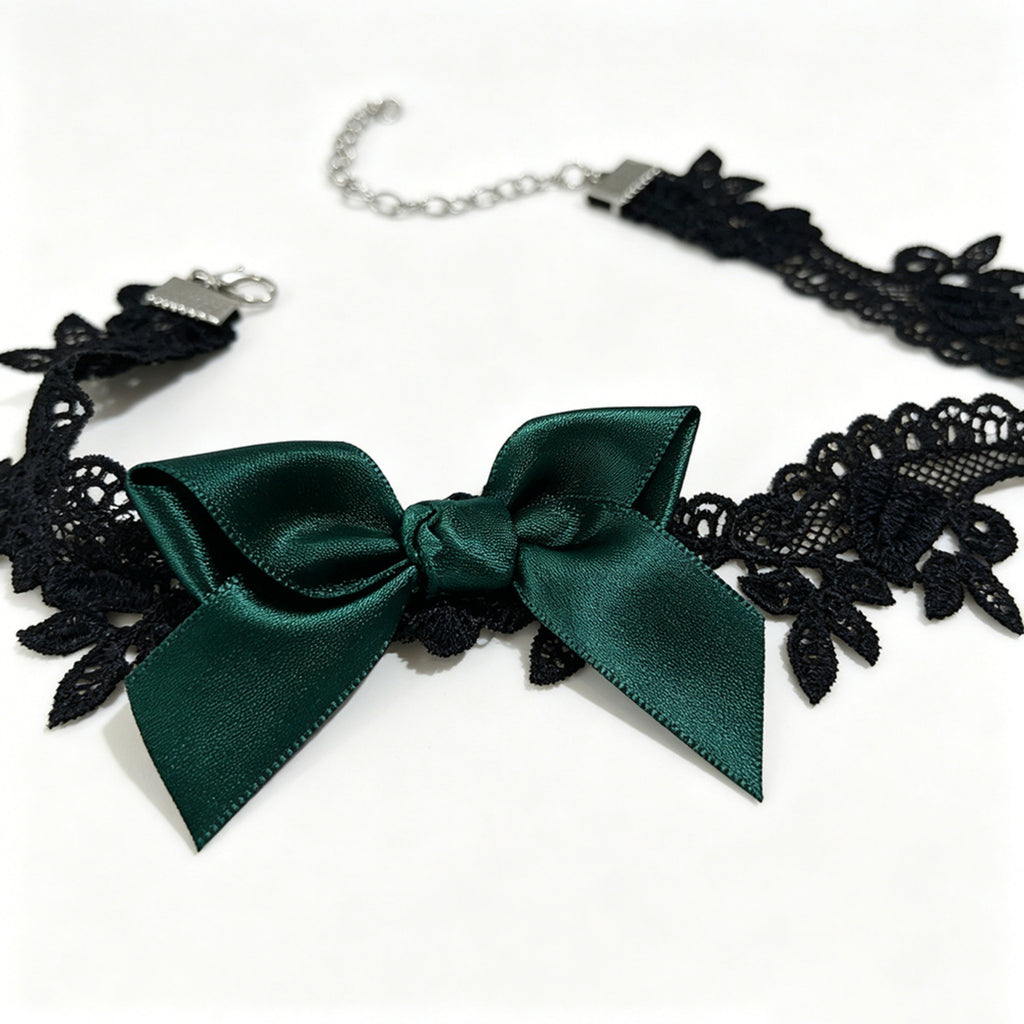 Black Lace Bow Choker Necklace | Dark Green Satin Ribbon Bow Gothic Lolita Dark Romance Halloween Jewelry