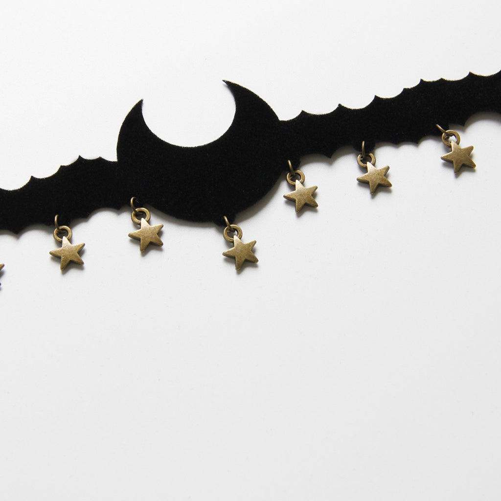 Halloween Black Bat Silhouette Choker Necklace | Antique Gold Star Charm Fringe Scallop Edge Ribbon Tie Vampire Witch Dark Costume Jewelry