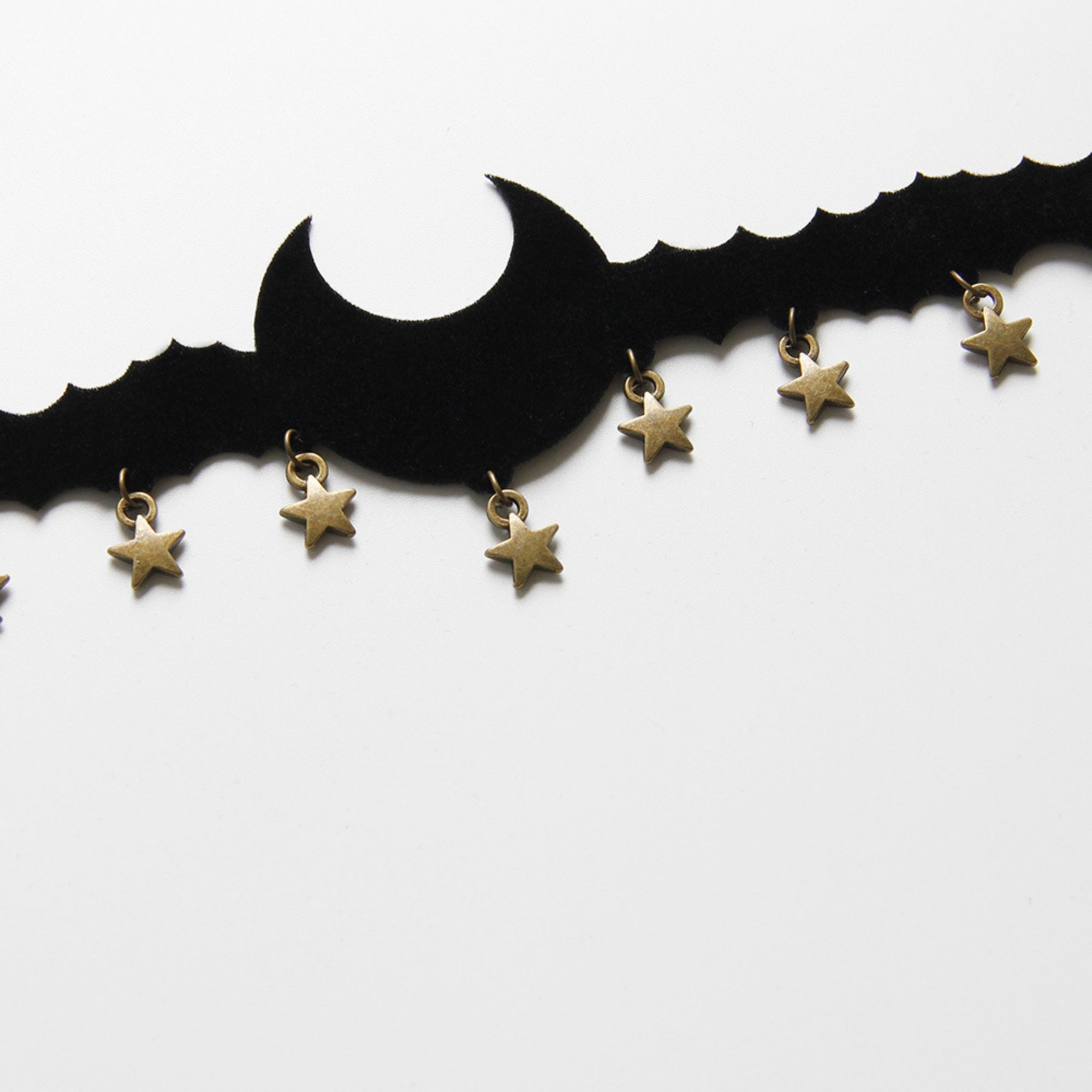 Halloween Black Bat Silhouette Choker Necklace | Antique Gold Star Charm Fringe Scallop Edge Ribbon Tie Vampire Witch Dark Costume Jewelry