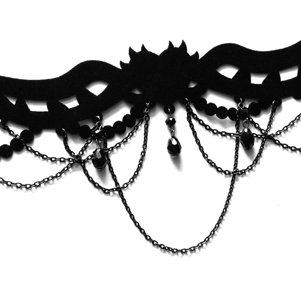 Halloween Gothic All-Black Velvet Crown Cutwork Choker Necklace | Black Chain Drape Bead Fringe Teardrop Pendant Cord Tie Dark Queen Costume Jewelry