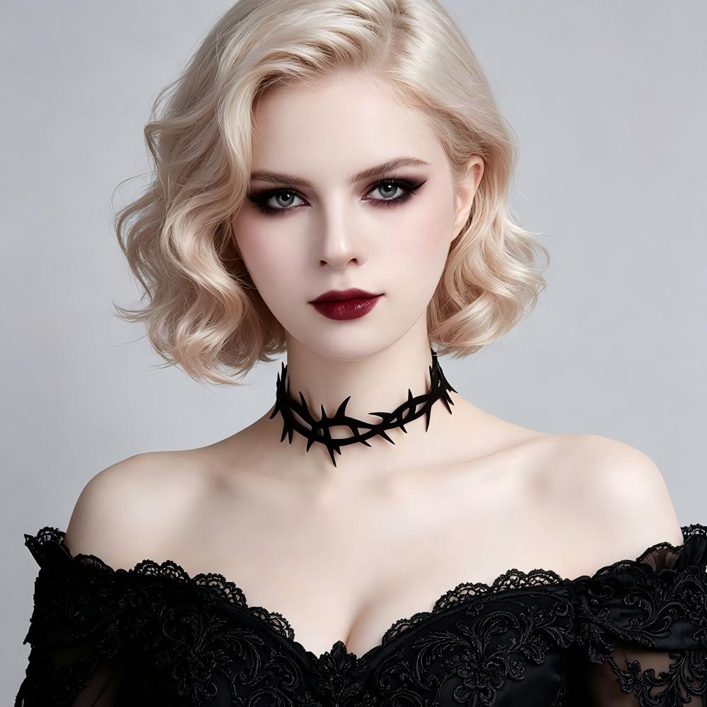 Halloween Gothic Black Thorn Crown Choker Necklace | Vampire Barbed Wire Ribbon Tie Dark Aesthetic Halloween Jewelry