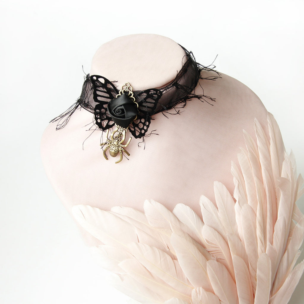 Halloween Black Lace Fringe Choker Necklace | Gold Spider Pendant Black Rose Antique Bronze Butterfly Center Halloween Witch Vampire Dark Costume Jewelry