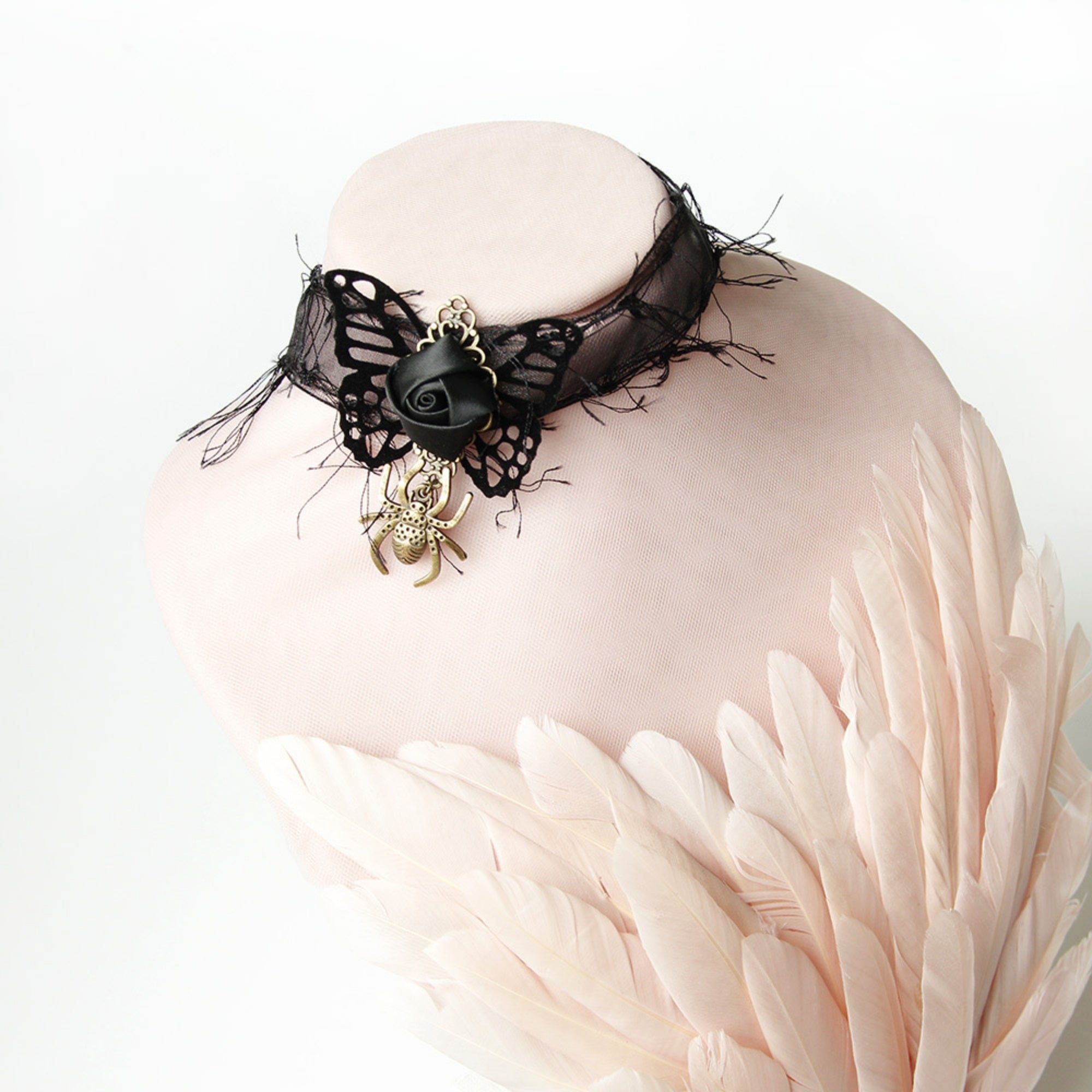 Halloween Black Lace Fringe Choker Necklace | Gold Spider Pendant Black Rose Antique Bronze Butterfly Center Halloween Witch Vampire Dark Costume Jewelry