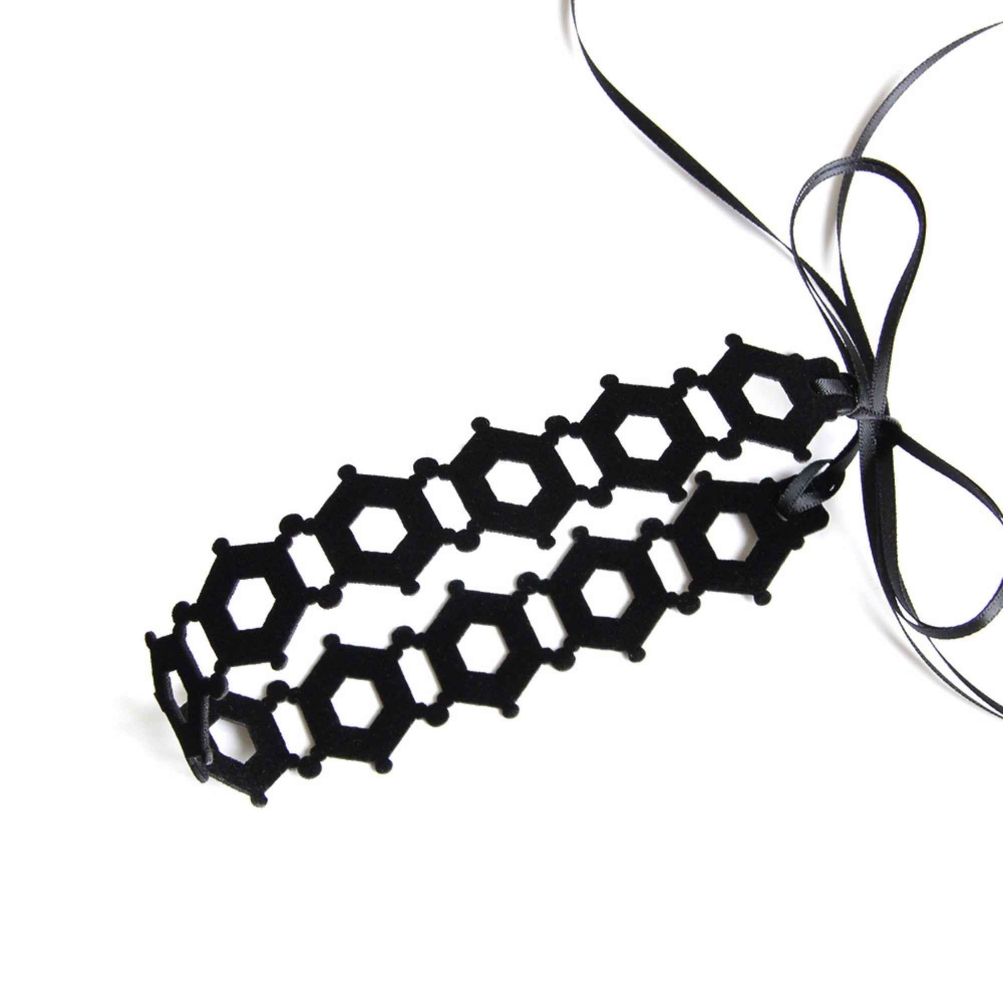 Black Hexagon Lattice Cutwork Choker Necklace | Geometric Honeycomb Ribbon Tie Gothic Y2K Dark Aesthetic Halloween Jewelry