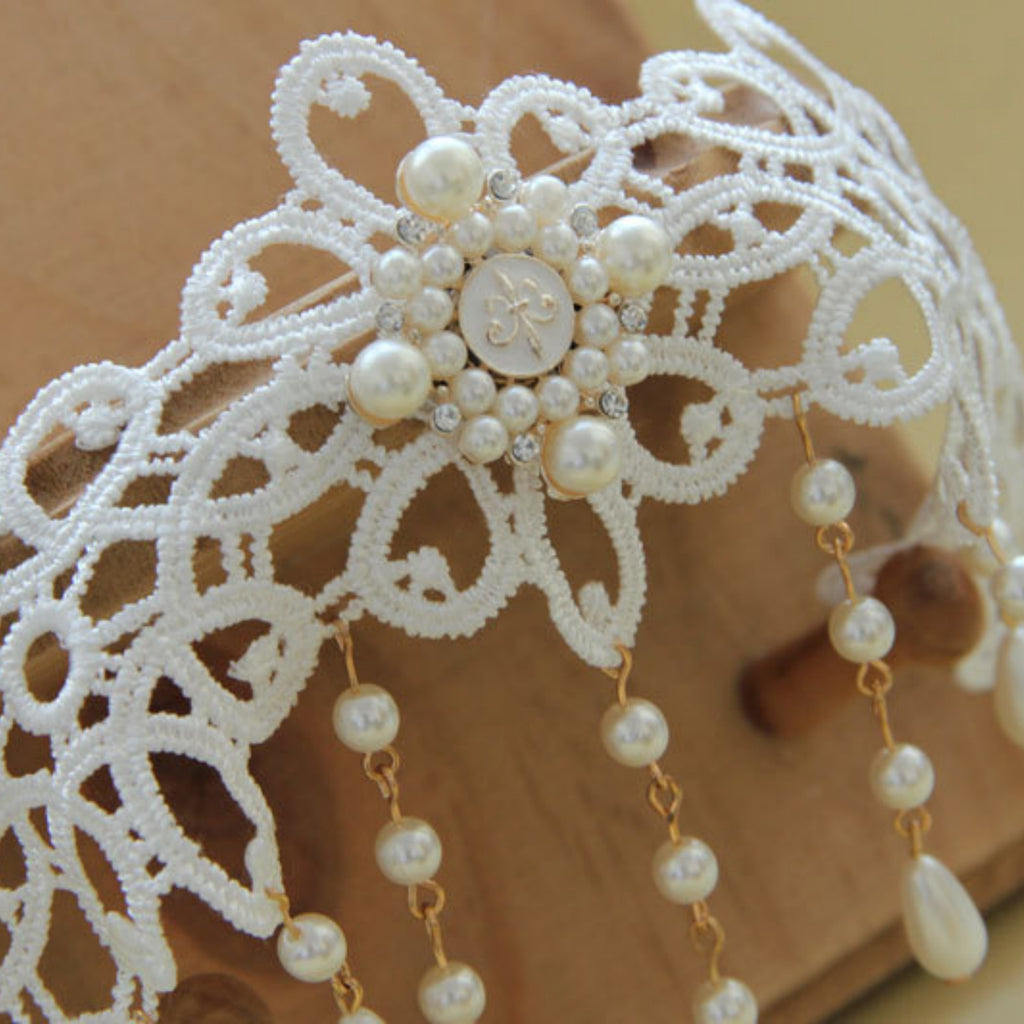 Halloween White Lace Choker Necklace | Pearl Drop Fringe Gold Chain Rhinestone Center Ghost Bride Bridal Costume Jewelry