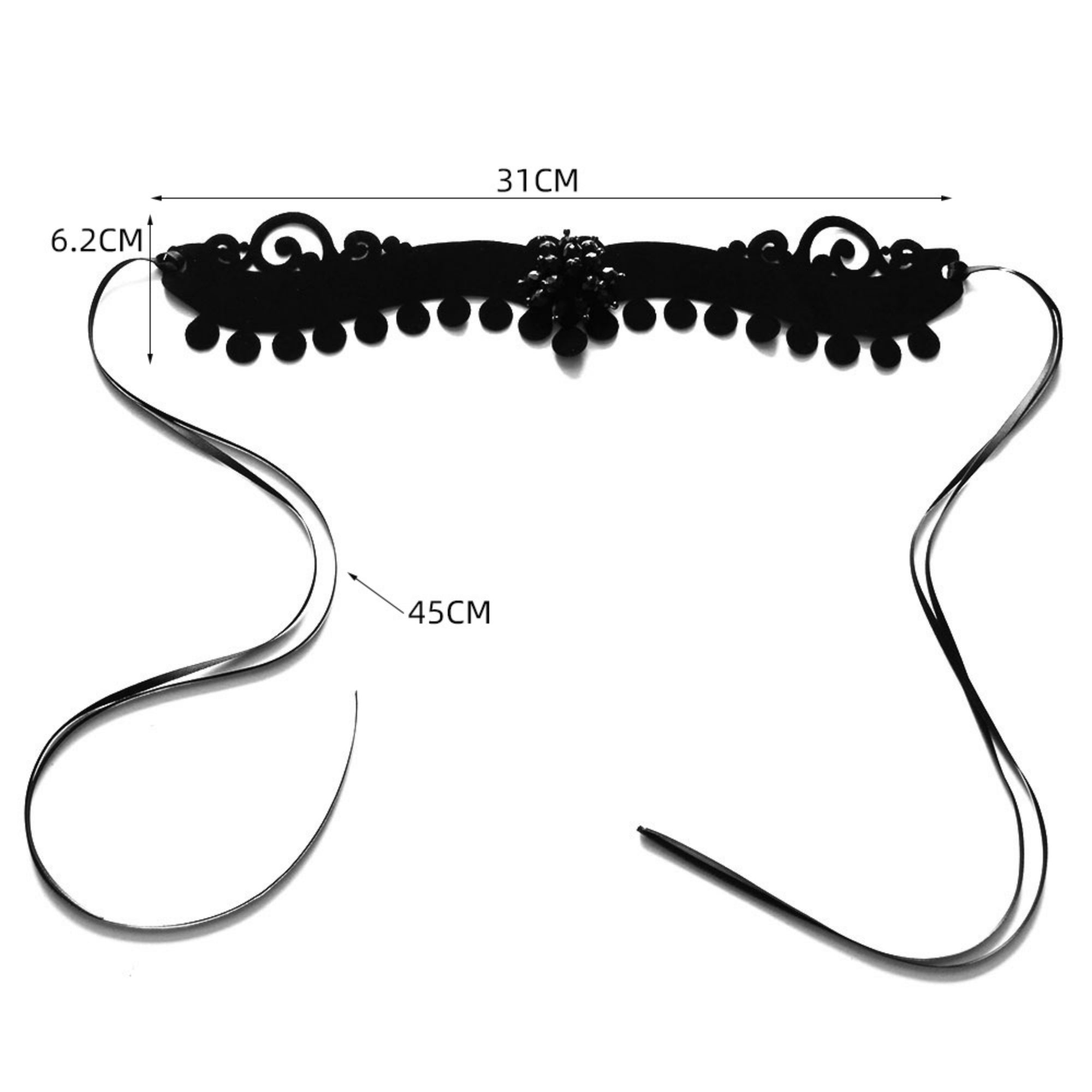 Halloween Black Velvet Baroque Scroll Choker Necklace | Pompom Ball Fringe Rhinestone Center Ribbon Tie Dark Queen Costume Jewelry