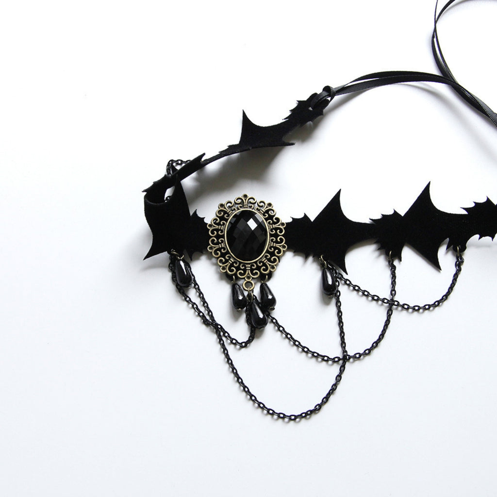 Halloween Gothic Multi-Bat Wing Choker Necklace | Antique Bronze Black Oval Gemstone Teardrop Drop Chain Drape Vampire Bride Dark Costume Jewelry