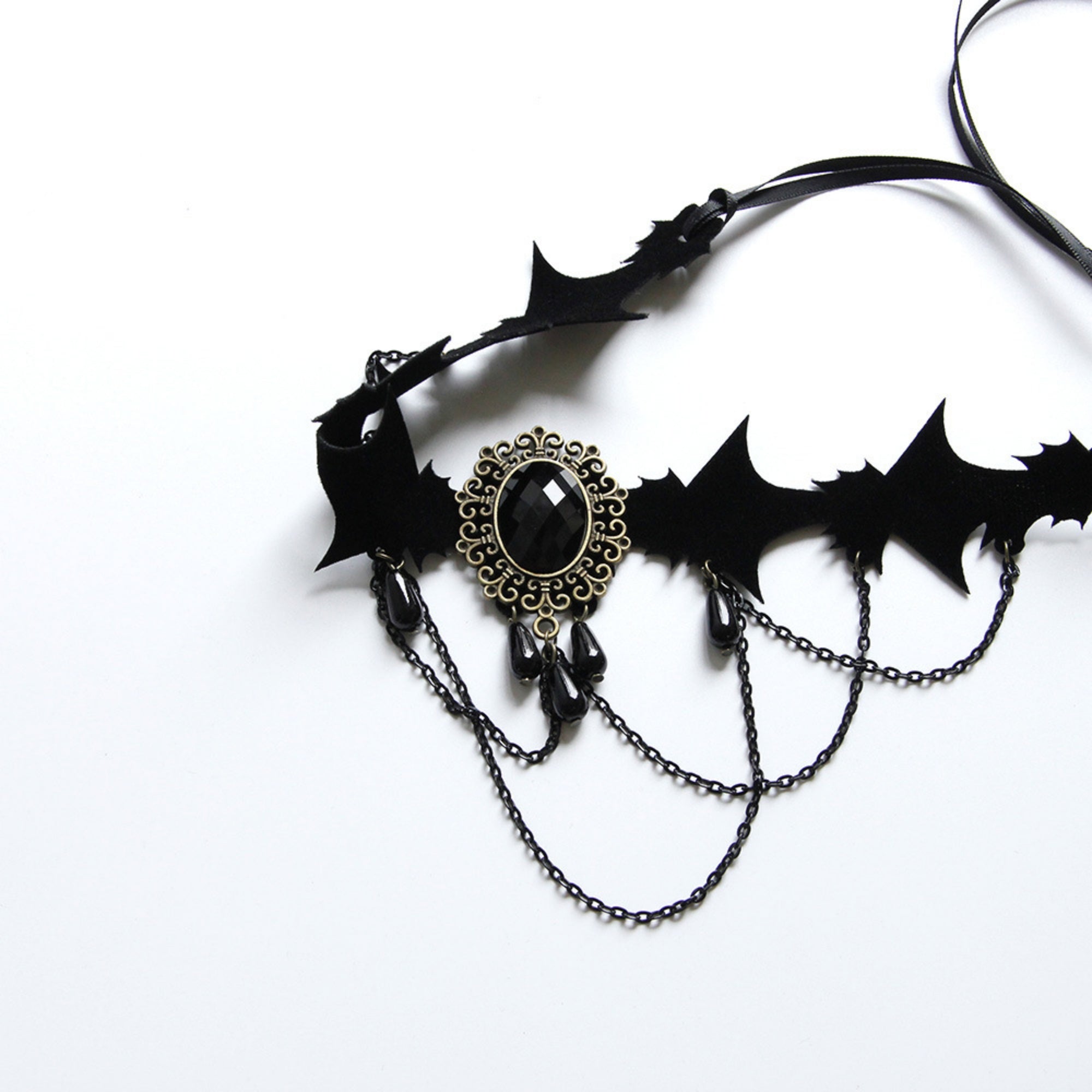 Halloween Gothic Multi-Bat Wing Choker Necklace | Antique Bronze Black Oval Gemstone Teardrop Drop Chain Drape Vampire Bride Dark Costume Jewelry