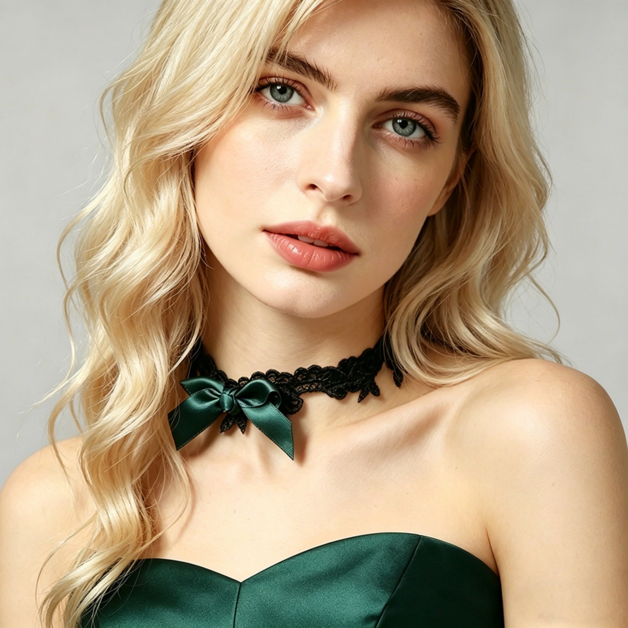 Black Lace Bow Choker Necklace | Dark Green Satin Ribbon Bow Gothic Lolita Dark Romance Halloween Jewelry