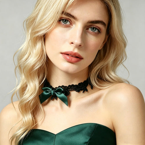 Black Lace Bow Choker Necklace | Dark Green Satin Ribbon Bow Gothic Lolita Dark Romance Halloween Jewelry