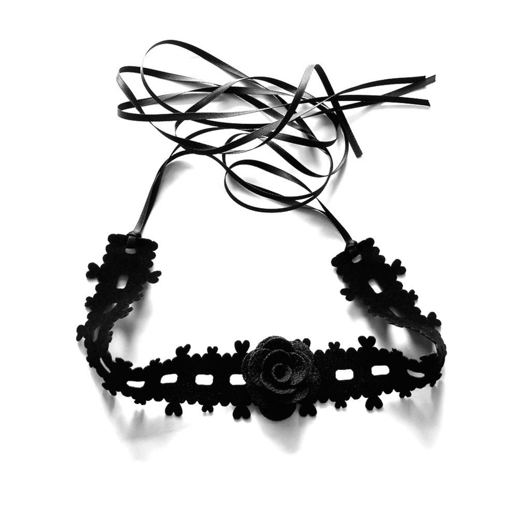 Halloween Black Lace Choker Necklace | 3D Rose Center Ribbon Tie Witch Gothic Bride Dark Costume Jewelry