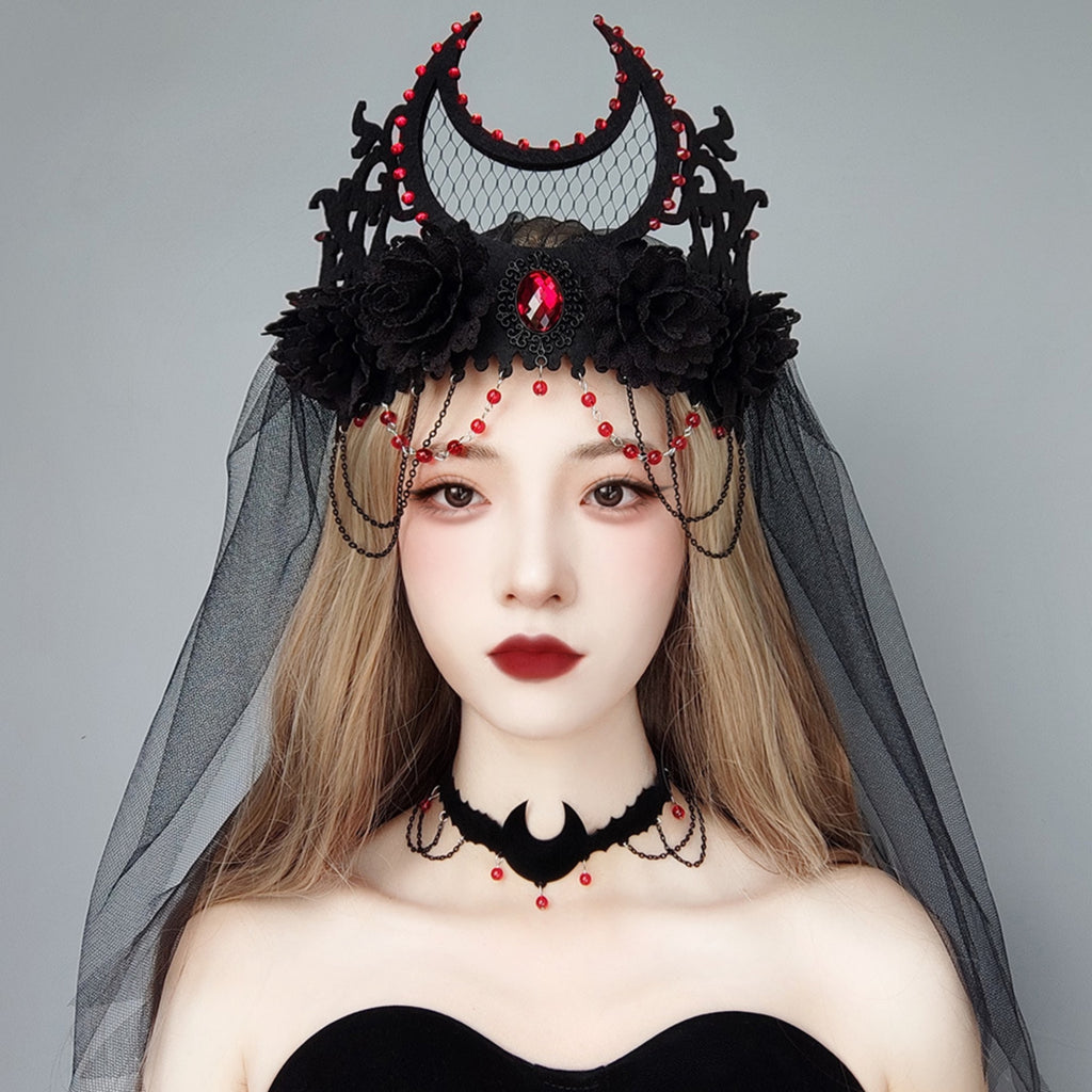 Halloween Black Velvet Bat Choker Necklace | Blood Red Bead Gunmetal Chain Drape Scallop Edge Cord Tie Vampire Dark Costume Jewelry