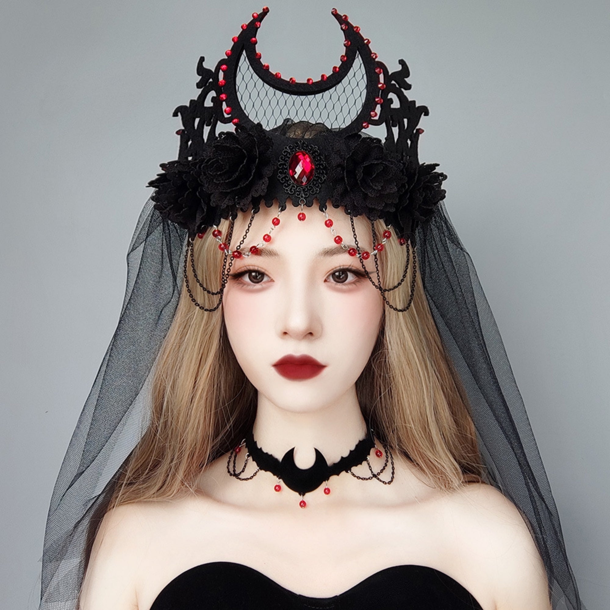 Halloween Black Velvet Bat Choker Necklace | Blood Red Bead Gunmetal Chain Drape Scallop Edge Cord Tie Vampire Dark Costume Jewelry