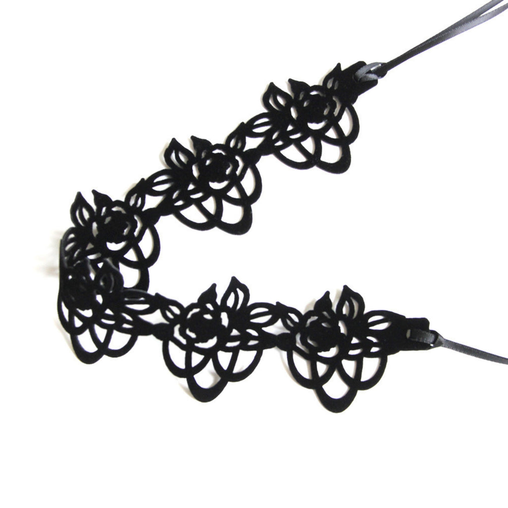 Black Velvet Floral Lattice Cutwork Choker Necklace | Geometric Lace Pattern Ribbon Tie Gothic Lolita Dark Aesthetic Halloween Jewelry