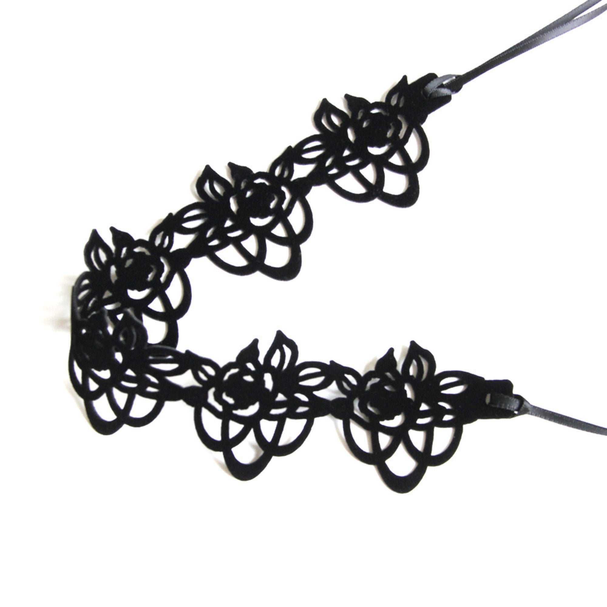Black Velvet Floral Lattice Cutwork Choker Necklace | Geometric Lace Pattern Ribbon Tie Gothic Lolita Dark Aesthetic Halloween Jewelry