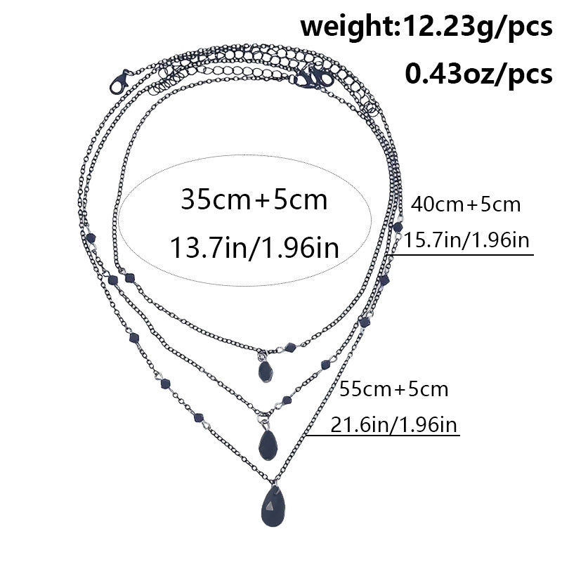 Halloween Gothic Black Triple Layer Crystal Teardrop Necklace Set | All-Black Chain Bead Dark Aesthetic Halloween Jewelry