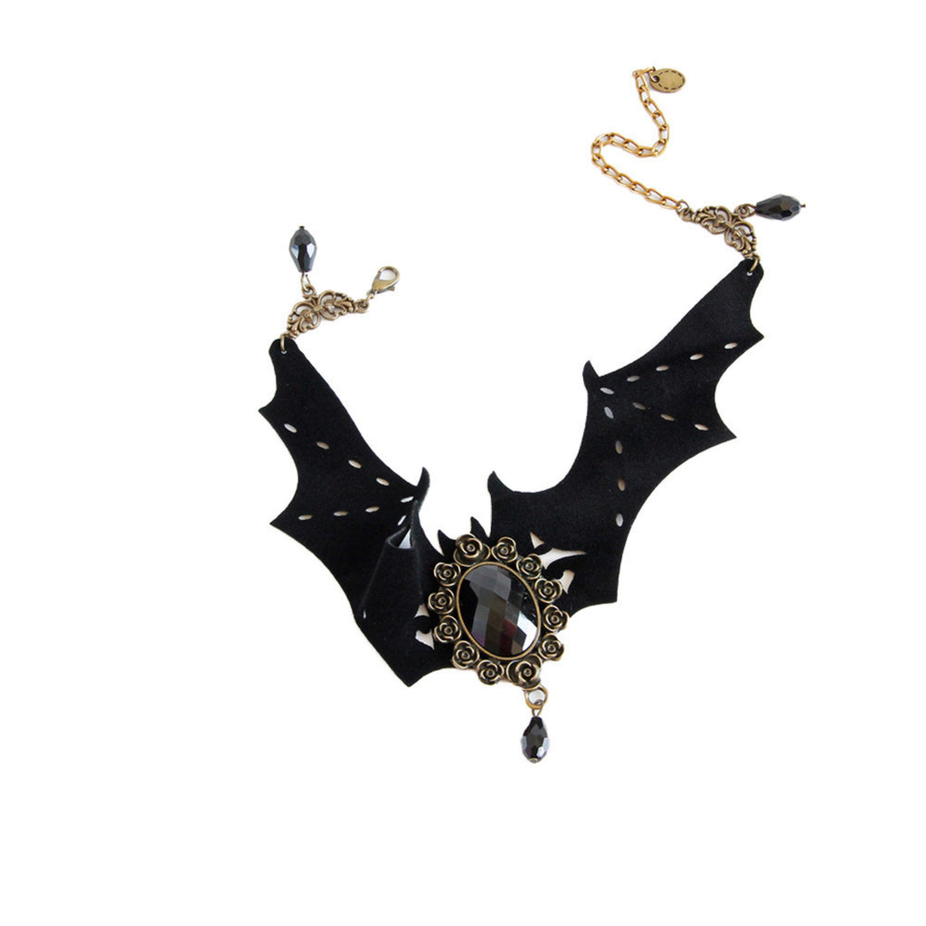 Gothic Halloween Bat Wing Black Velvet Choker Necklace | Antique Bronze Black Gem Crystal Teardrop Drop Vampire Dark Jewelry
