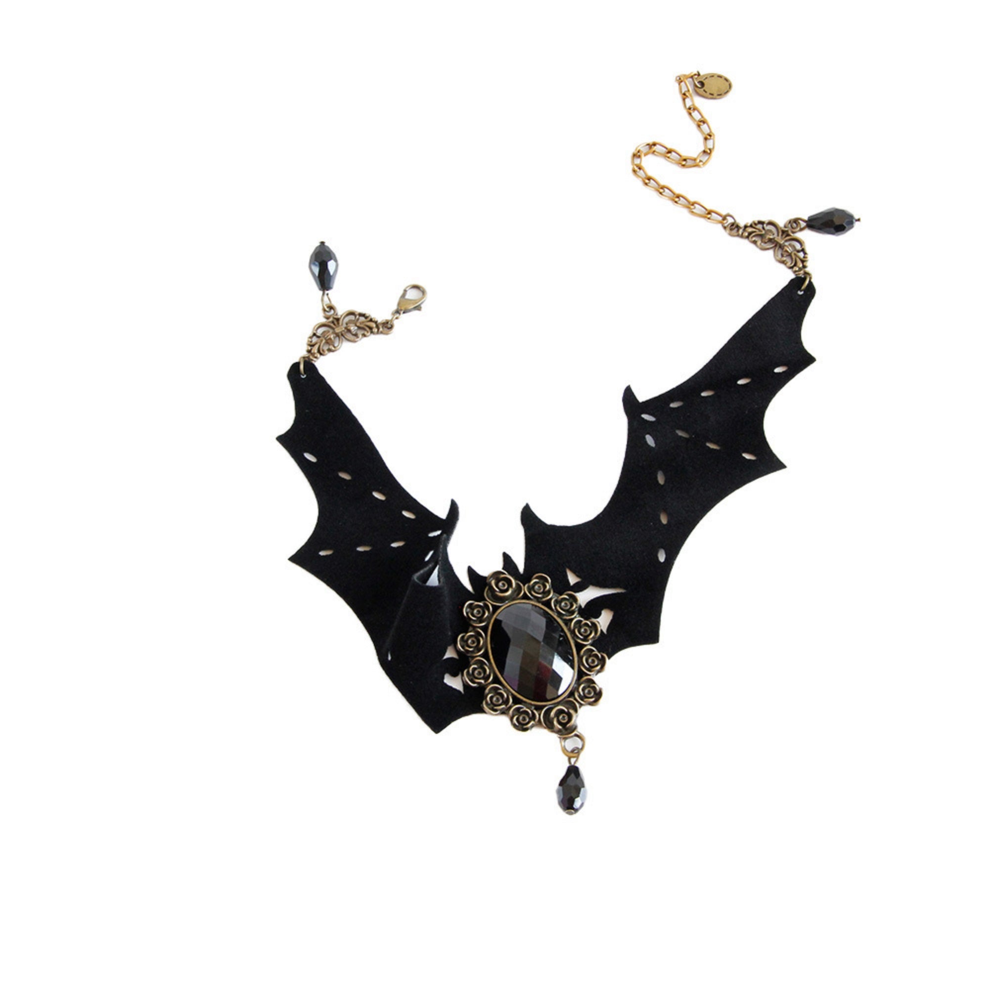 Gothic Halloween Bat Wing Black Velvet Choker Necklace | Antique Bronze Black Gem Crystal Teardrop Drop Vampire Dark Jewelry