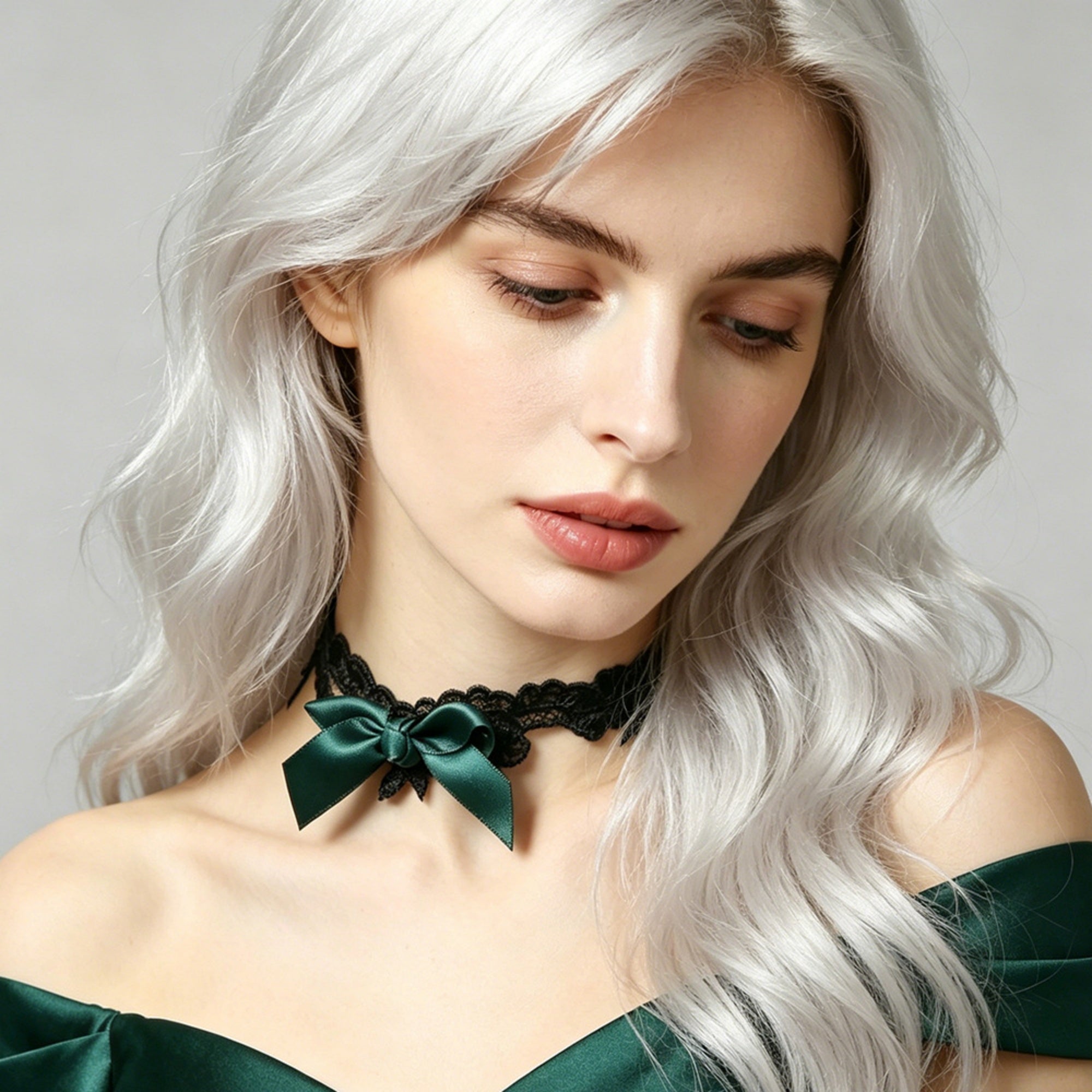 Black Lace Bow Choker Necklace | Dark Green Satin Ribbon Bow Gothic Lolita Dark Romance Halloween Jewelry