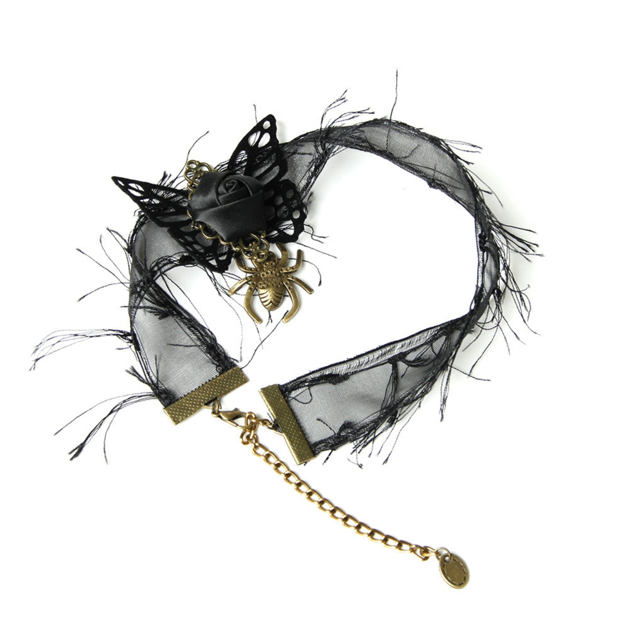 Halloween Black Lace Fringe Choker Necklace | Gold Spider Pendant Black Rose Antique Bronze Butterfly Center Halloween Witch Vampire Dark Costume Jewelry