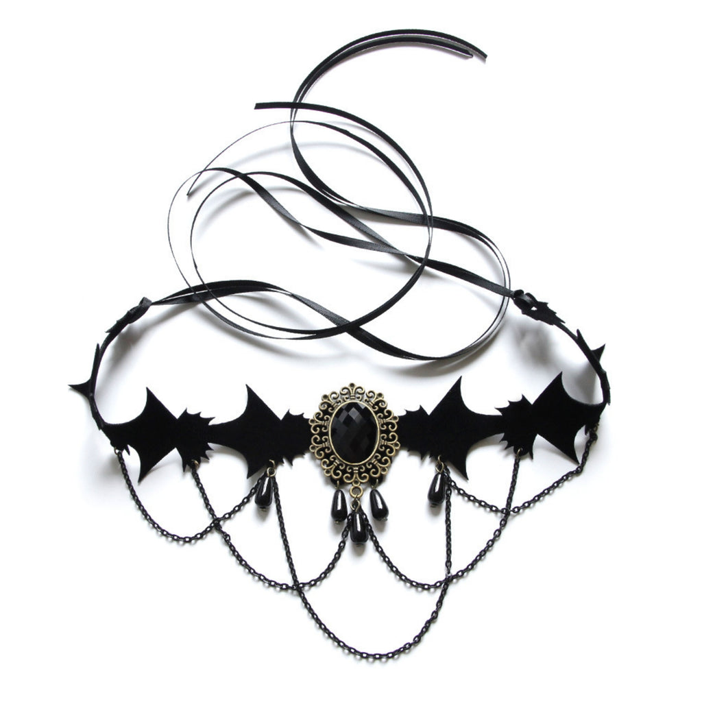 Halloween Gothic Multi-Bat Wing Choker Necklace | Antique Bronze Black Oval Gemstone Teardrop Drop Chain Drape Vampire Bride Dark Costume Jewelry