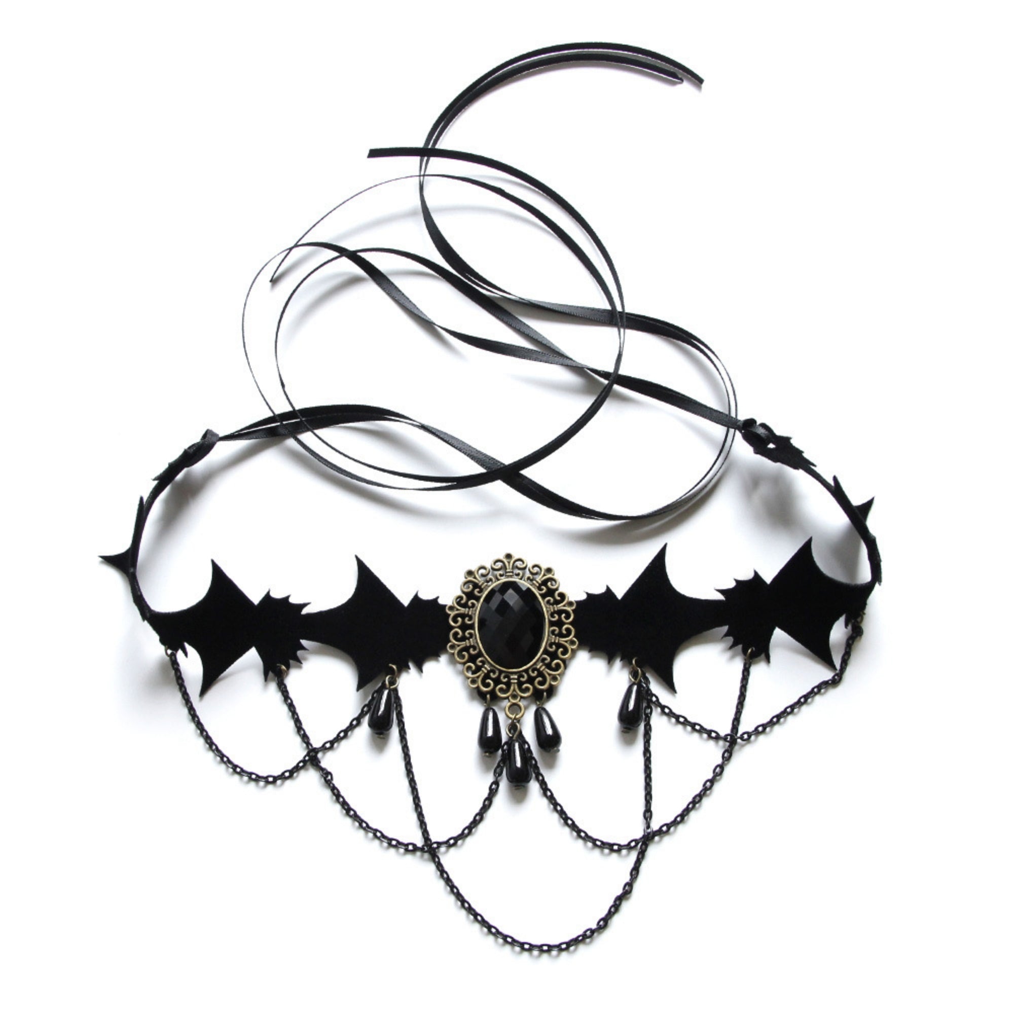 Halloween Gothic Multi-Bat Wing Choker Necklace | Antique Bronze Black Oval Gemstone Teardrop Drop Chain Drape Vampire Bride Dark Costume Jewelry
