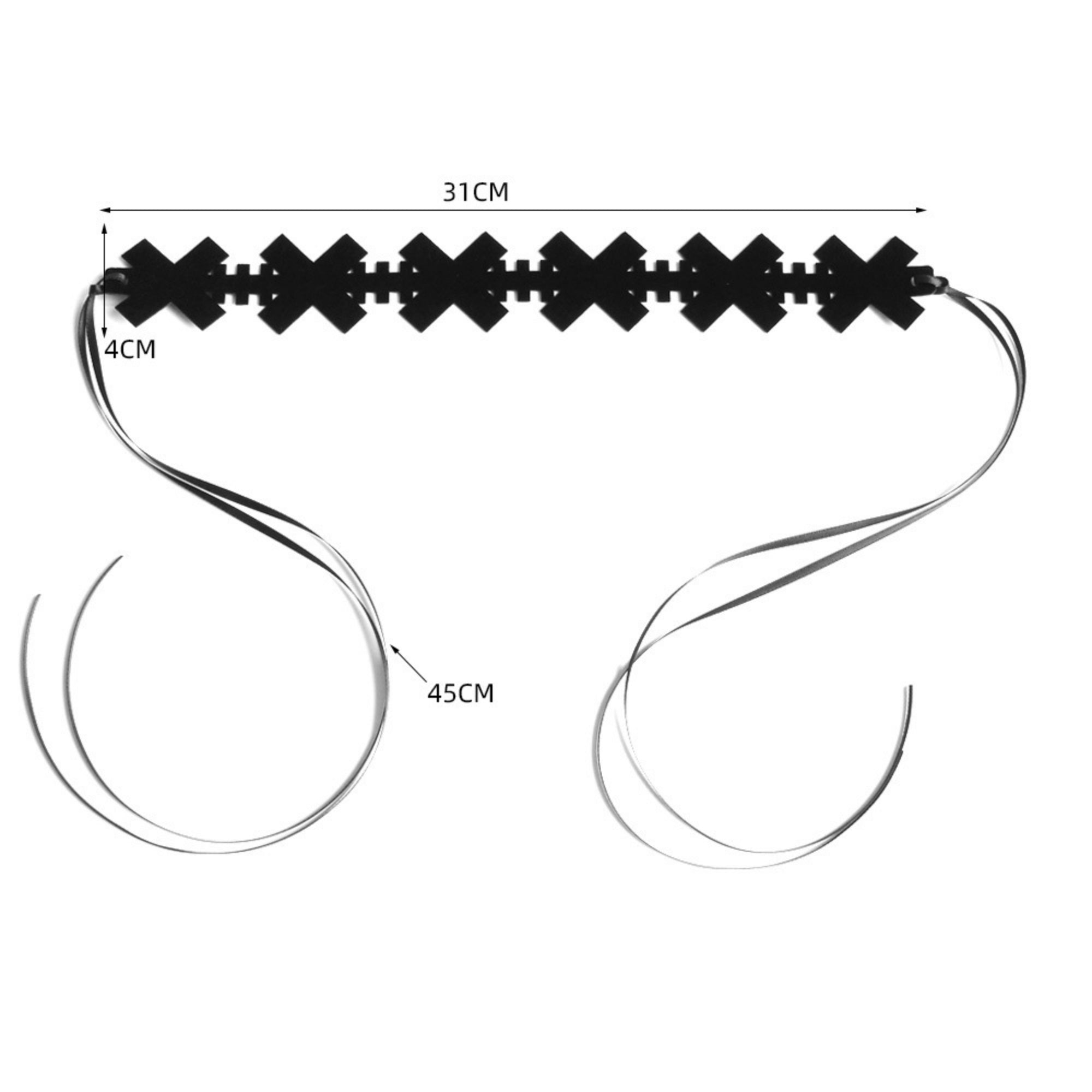 Black Gothic Cross Chain Choker Necklace | Pixel Edge Linked Cross Silhouette Ribbon Tie Dark Aesthetic Minimalist Halloween Jewelry