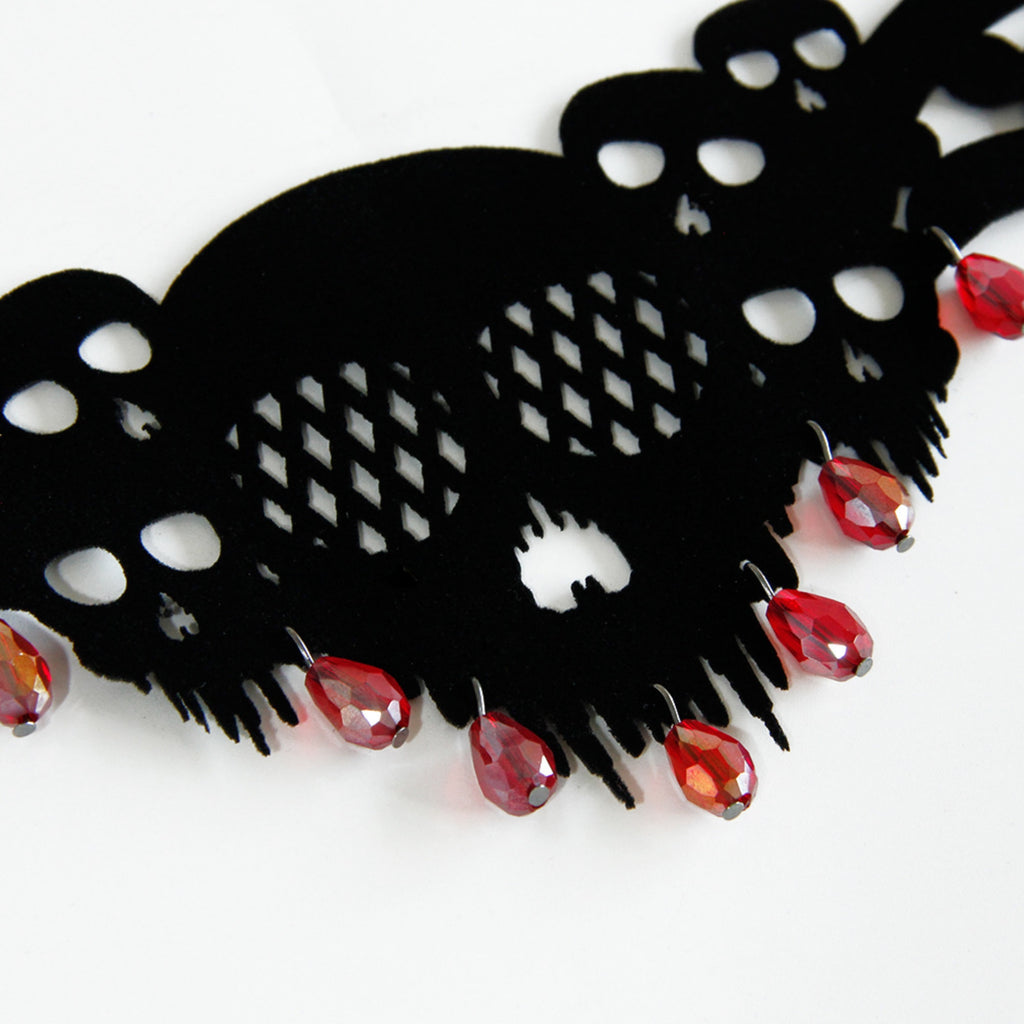 Halloween Gothic Black Skull Choker Necklace | Red Crystal Teardrop Drop Ribbon Tie Vampire Dark Jewelry