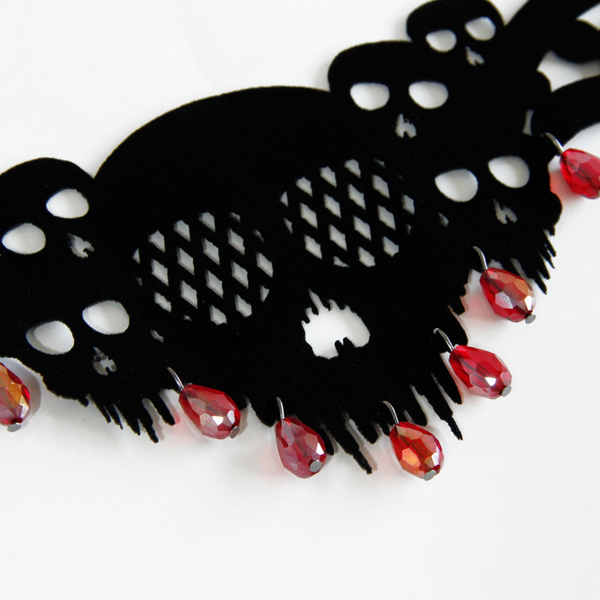Halloween Gothic Black Skull Choker Necklace | Red Crystal Teardrop Drop Ribbon Tie Vampire Dark Jewelry