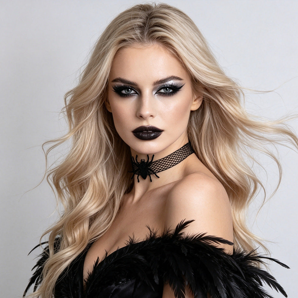 Halloween Gothic Black Lace Mesh Spider Choker Necklace | Vampire Wide Choker 3D Spider Dark Aesthetic Halloween Jewelry