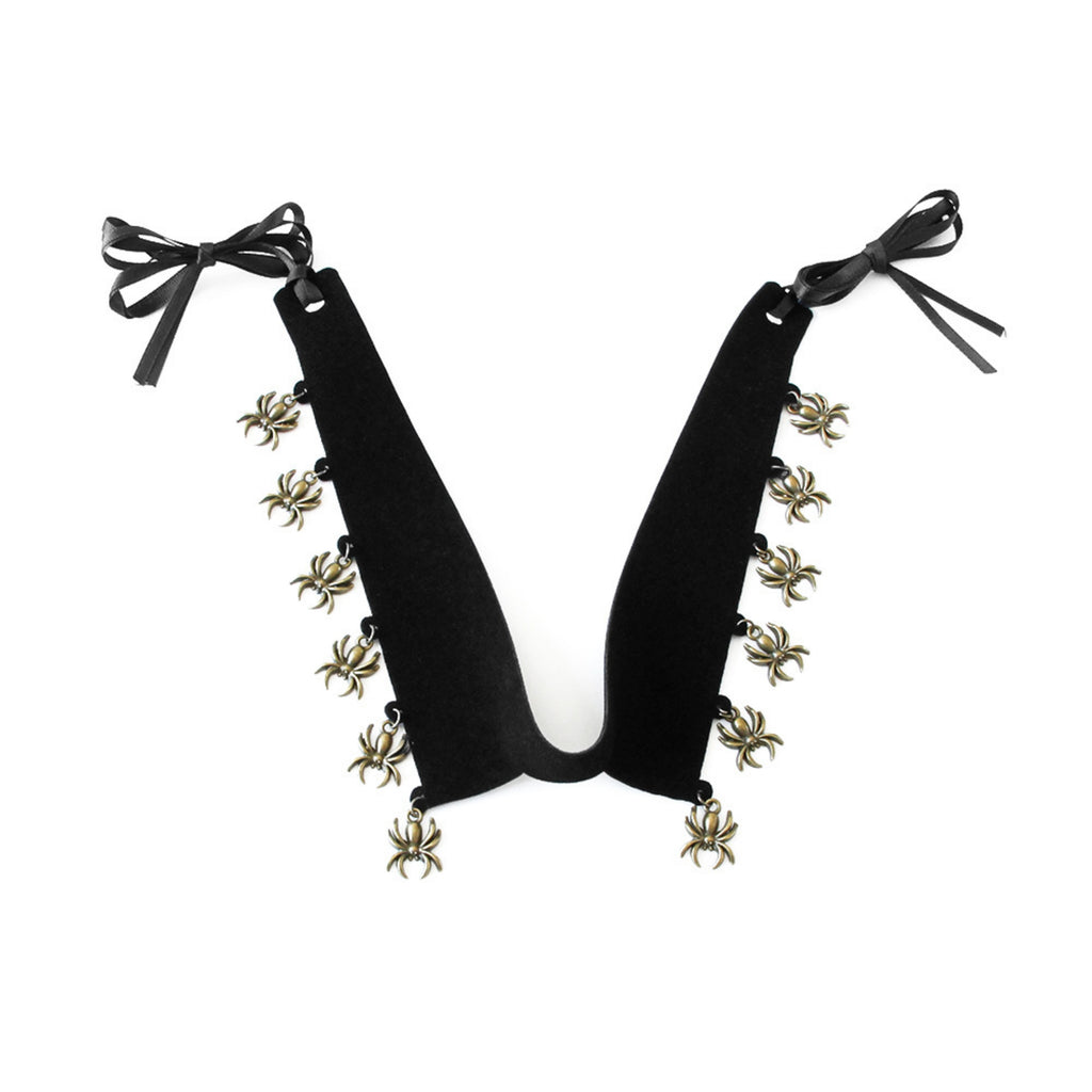 Halloween Gothic Black Velvet Choker Necklace | Antique Bronze Spider Charm Drop Fringe Ribbon Bow Tie Dark Jewelry