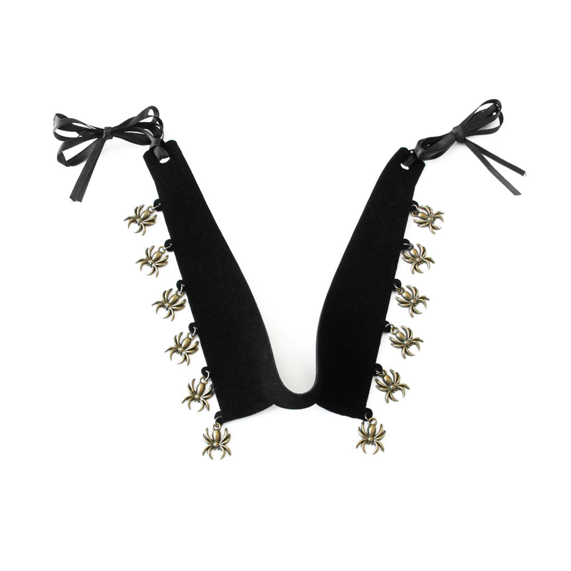 Halloween Gothic Black Velvet Choker Necklace | Antique Bronze Spider Charm Drop Fringe Ribbon Bow Tie Dark Jewelry