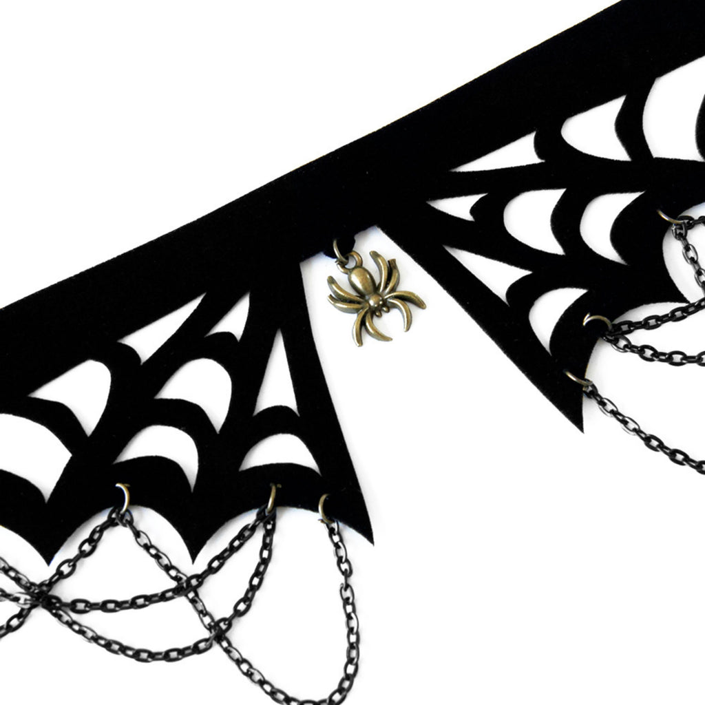 Halloween Gothic Black Spiderweb Collar Choker Necklace | Antique Bronze Spider Pendant Chain Drape Ribbon Tie Wide Dark Jewelry