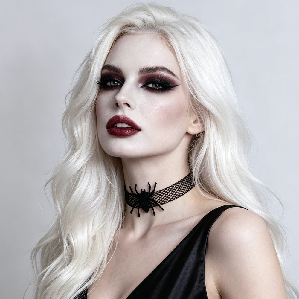 Halloween Gothic Black Lace Mesh Spider Choker Necklace | Vampire Wide Choker 3D Spider Dark Aesthetic Halloween Jewelry