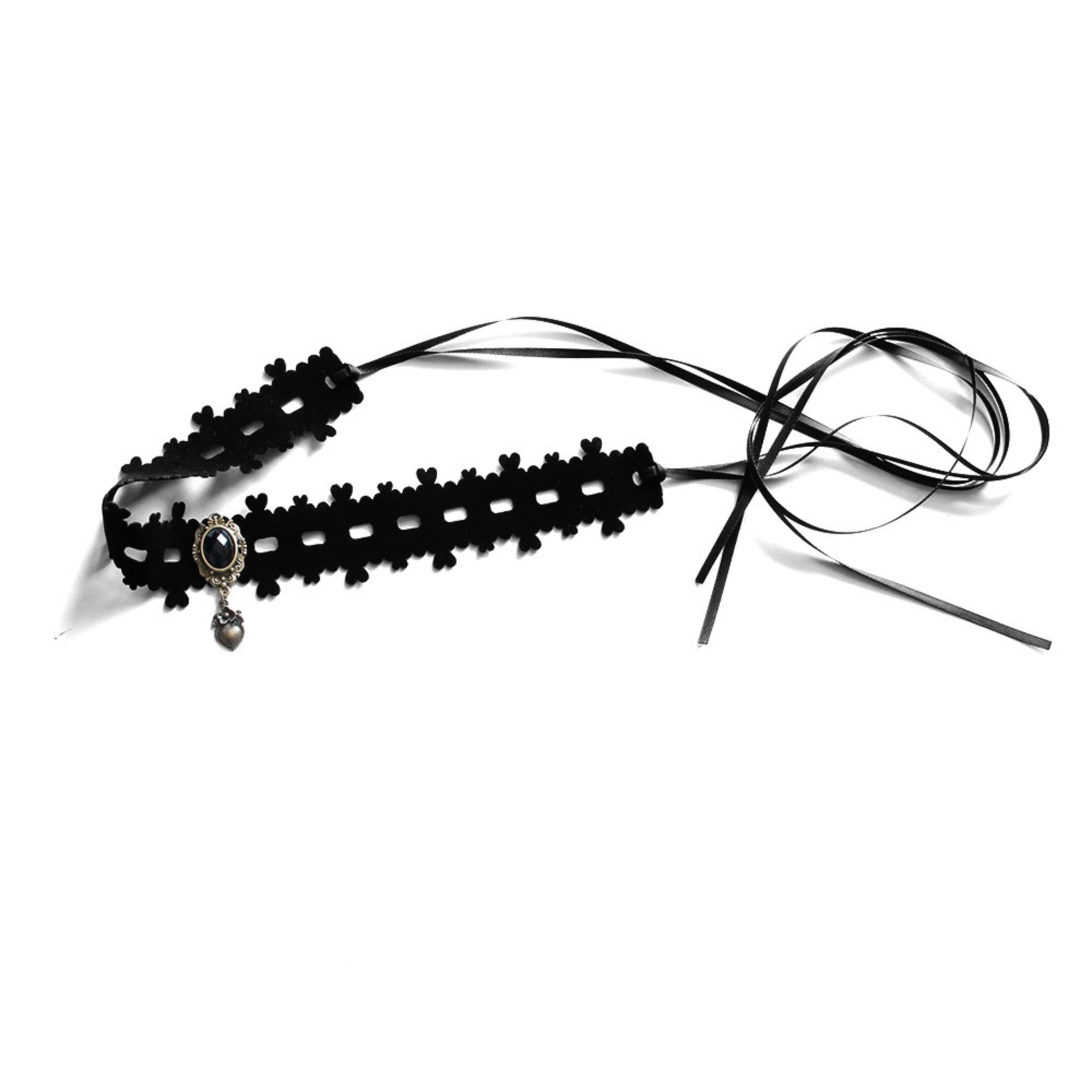 Halloween Gothic Black Velvet Grid Cutwork Choker Necklace | Silver Heart Pendant Black Oval Gemstone Clover Edge Ribbon Tie Dark Witch Costume Jewelry