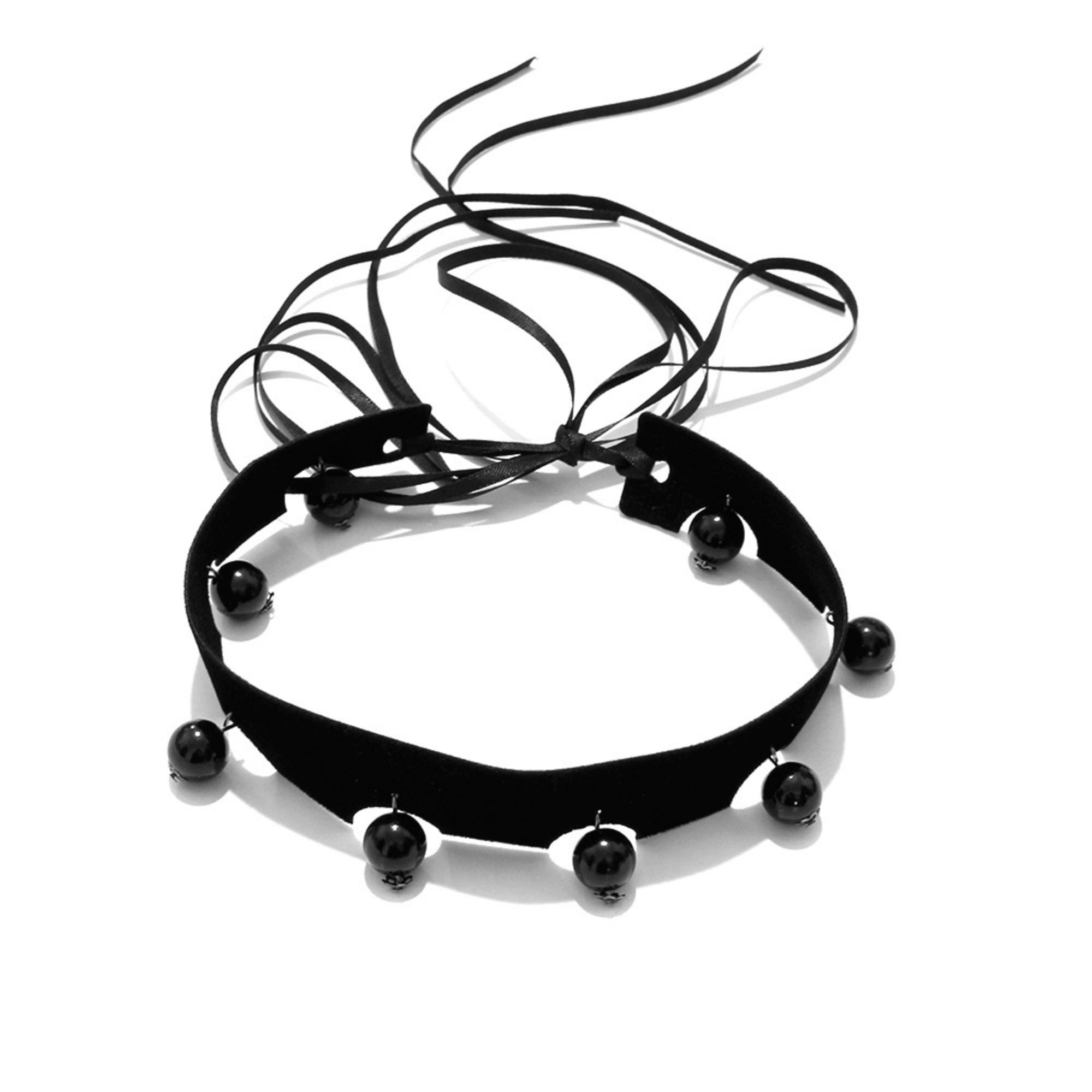 Gothic Black Velvet Choker Necklace | Black Round Bead Drop Fringe Ribbon Tie Y2K Dark Aesthetic Jewelry