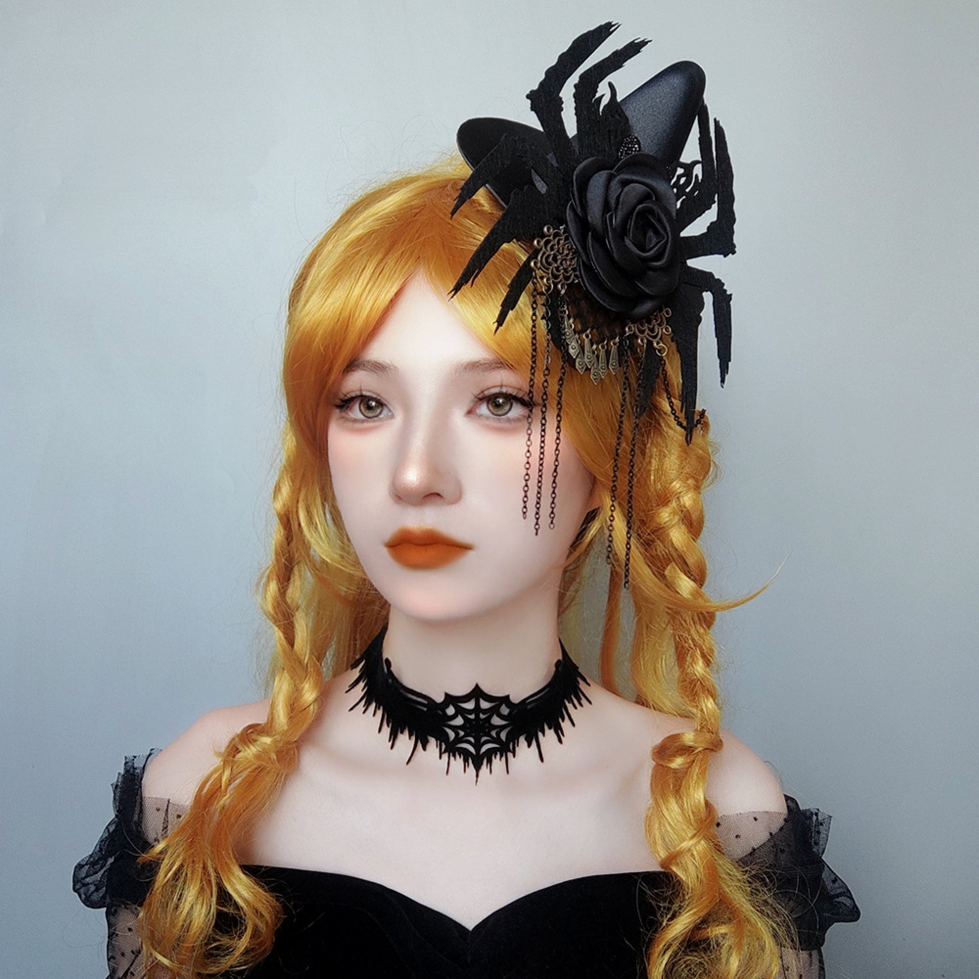 Halloween Gothic Black Spiderweb Choker Necklace | Wide Cutwork Spike Edge Ribbon Tie Witch Dark Jewelry