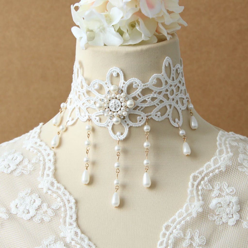 Halloween White Lace Choker Necklace | Pearl Drop Fringe Gold Chain Rhinestone Center Ghost Bride Bridal Costume Jewelry
