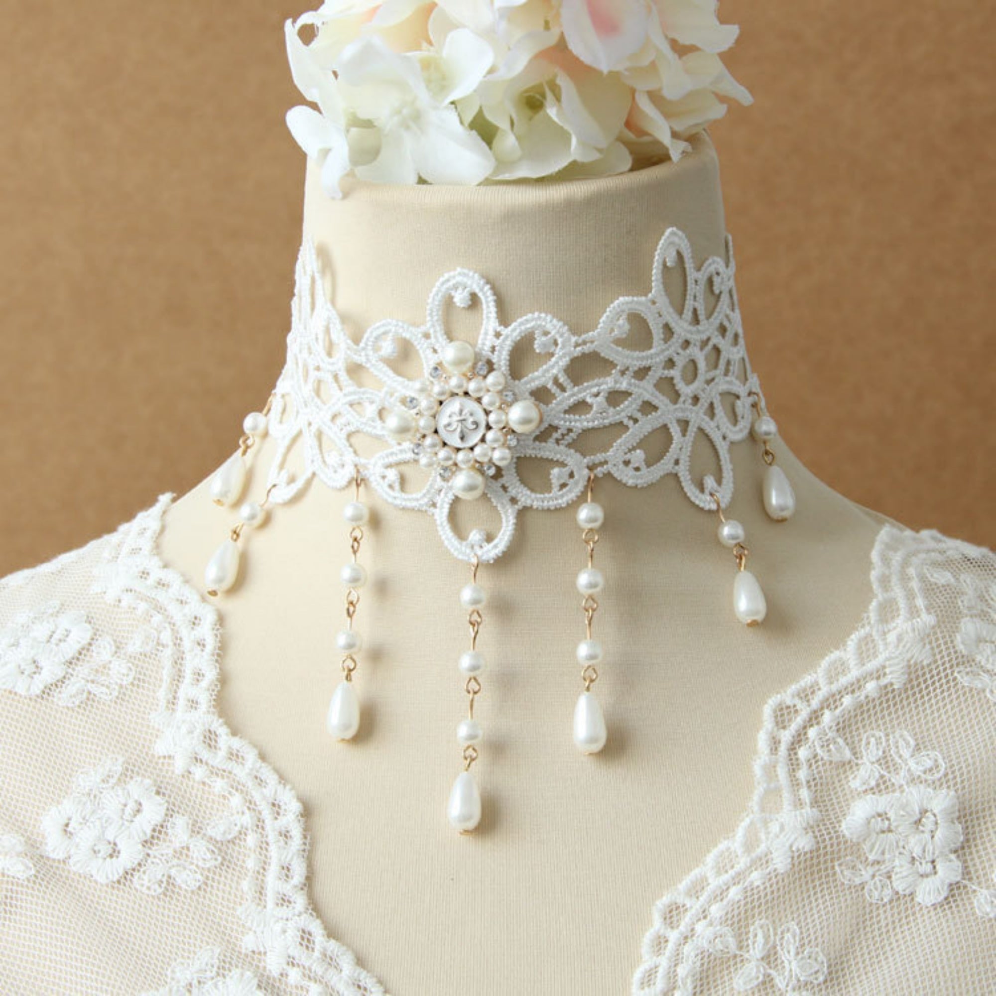 Halloween White Lace Choker Necklace | Pearl Drop Fringe Gold Chain Rhinestone Center Ghost Bride Bridal Costume Jewelry