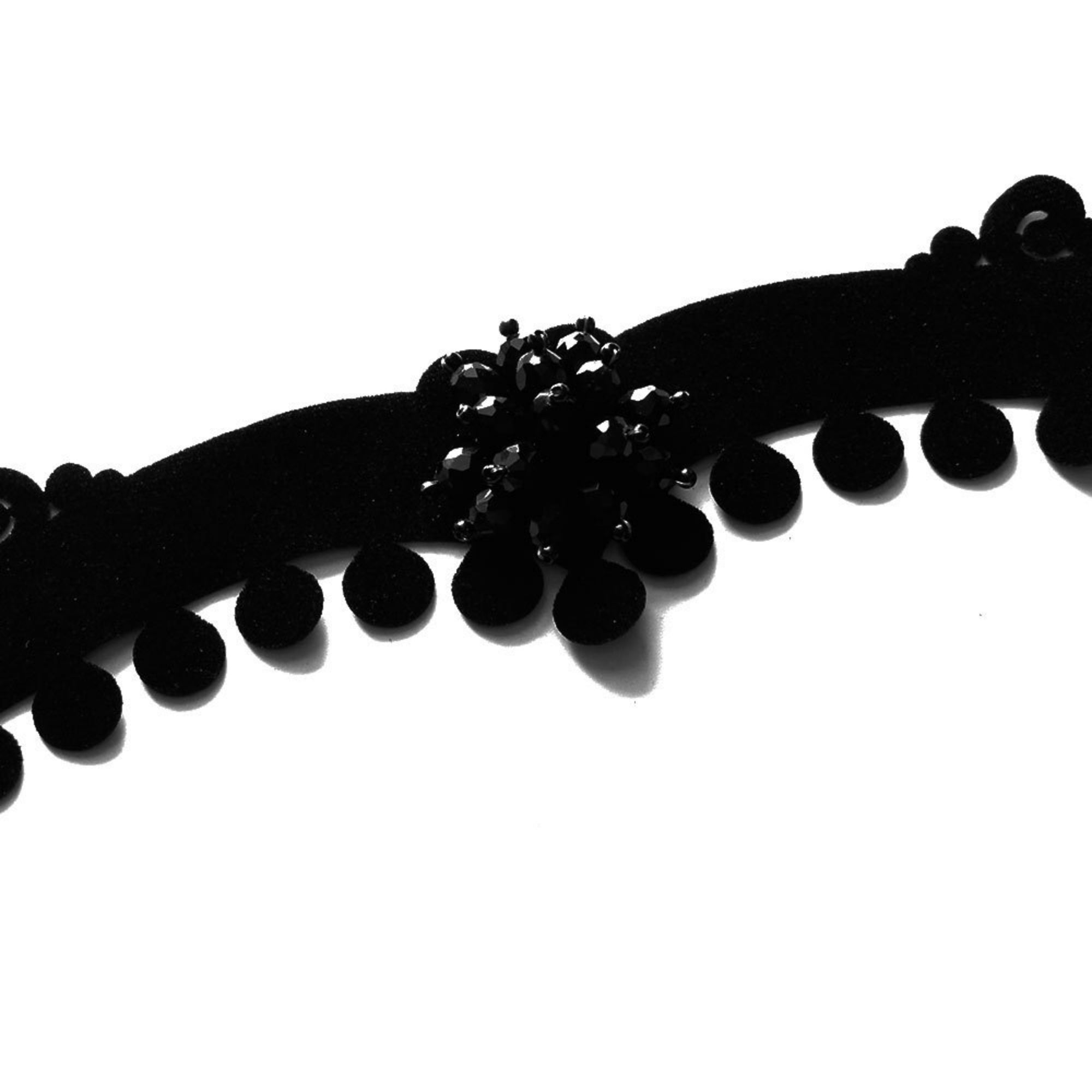 Halloween Black Velvet Baroque Scroll Choker Necklace | Pompom Ball Fringe Rhinestone Center Ribbon Tie Dark Queen Costume Jewelry