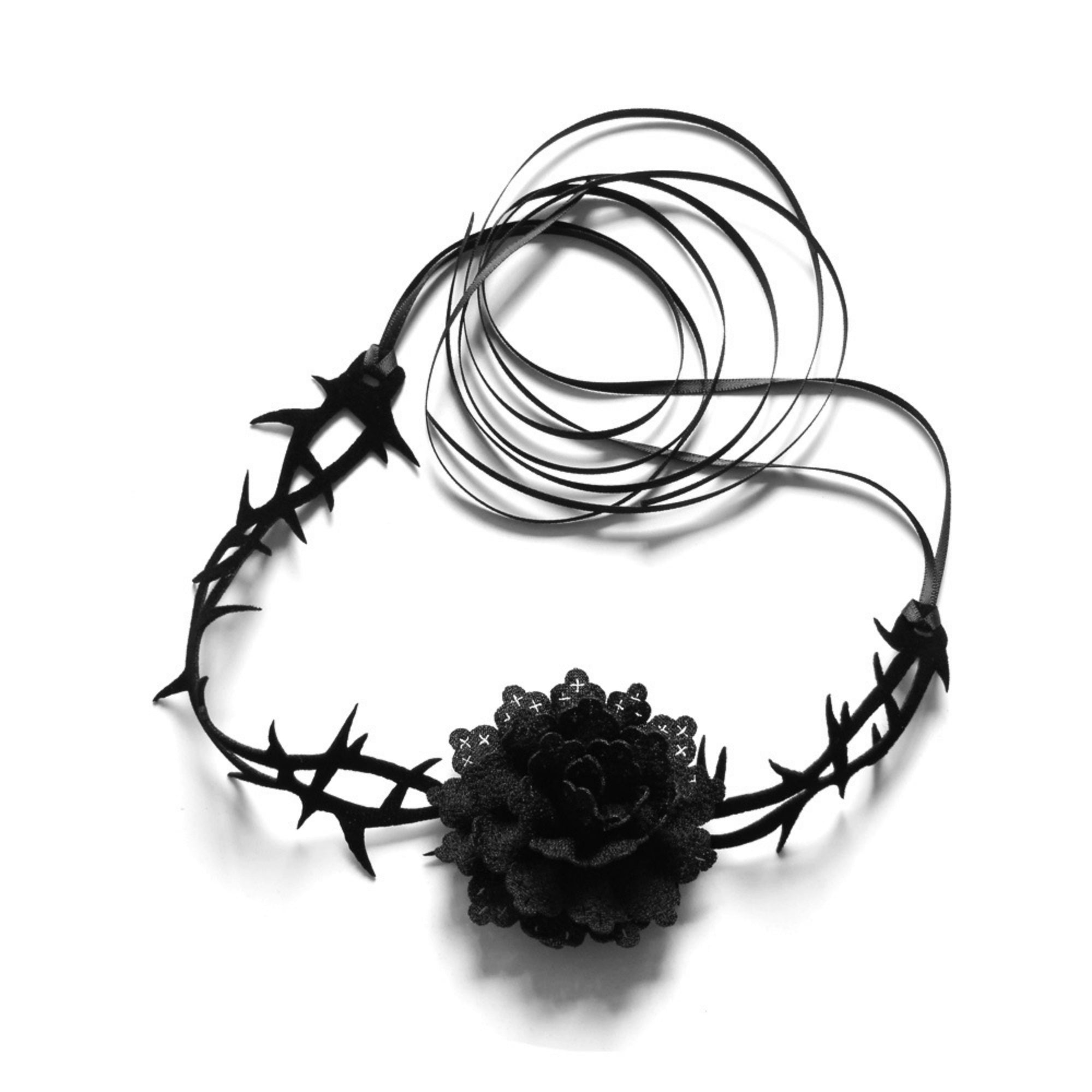 Halloween Black Thorn Vine Choker Necklace | Black Rose Lace Center Ultra Long Ribbon Tie Dark Romance Vampire Gothic Costume Jewelry