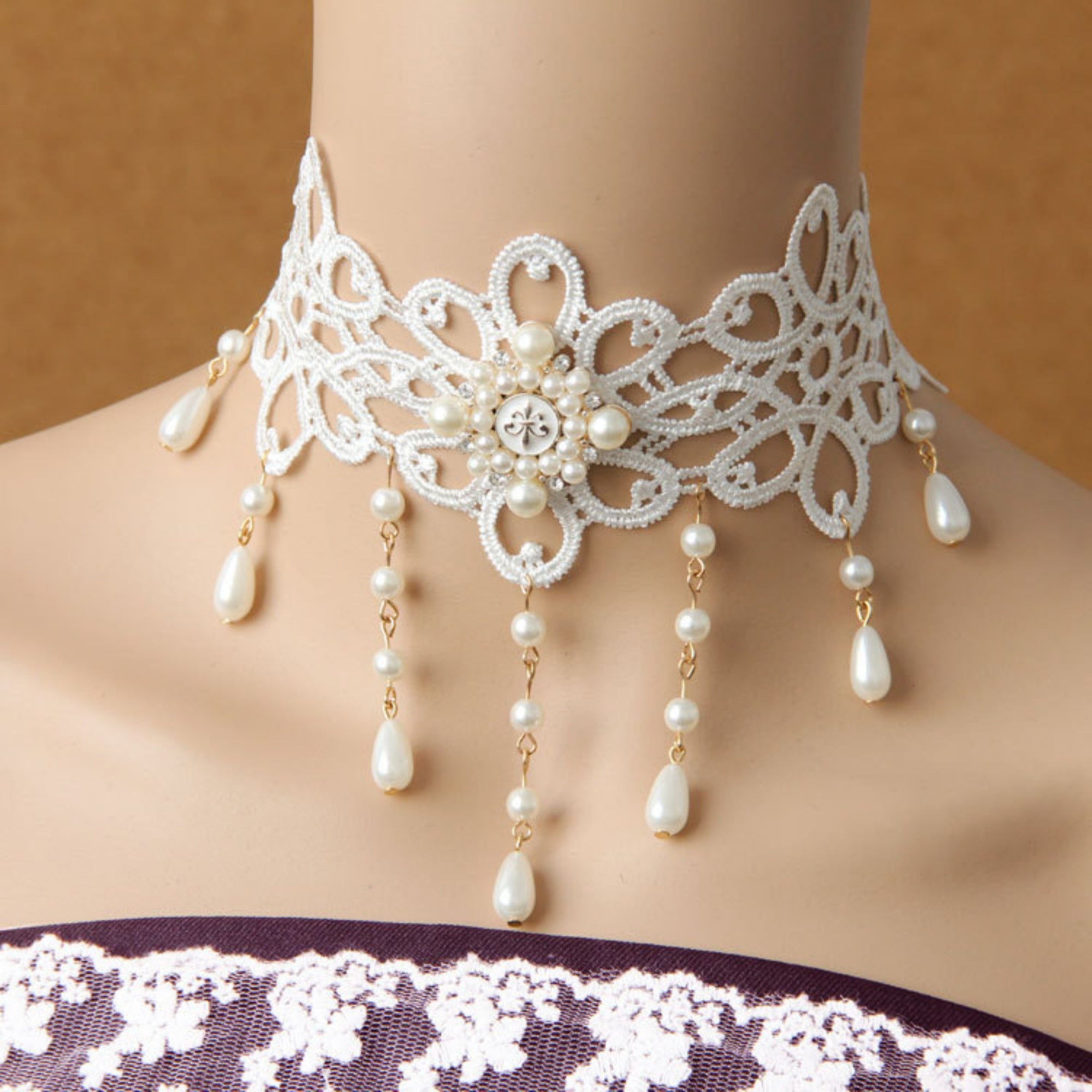 Halloween White Lace Choker Necklace | Pearl Drop Fringe Gold Chain Rhinestone Center Ghost Bride Bridal Costume Jewelry