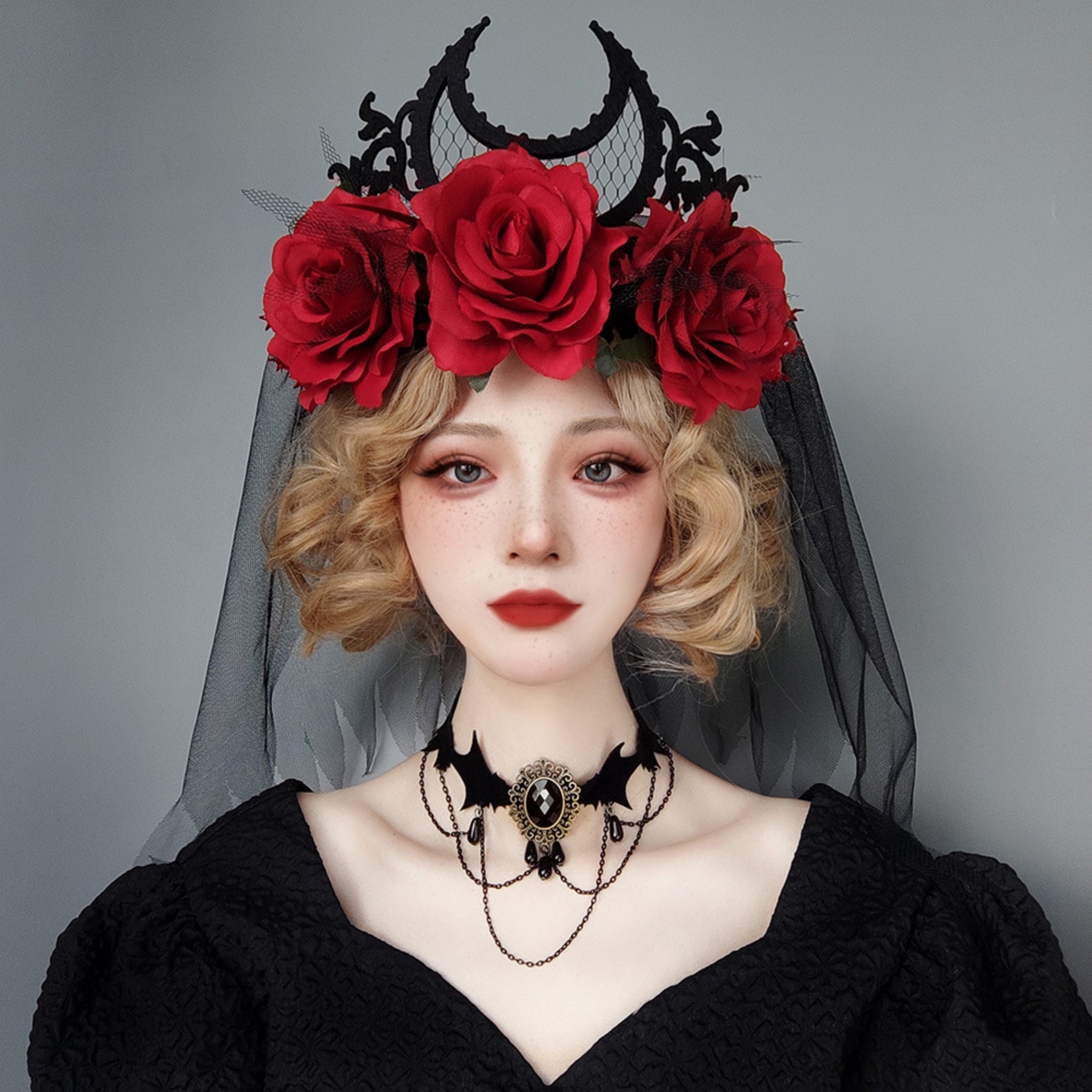 Halloween Gothic Multi-Bat Wing Choker Necklace | Antique Bronze Black Oval Gemstone Teardrop Drop Chain Drape Vampire Bride Dark Costume Jewelry