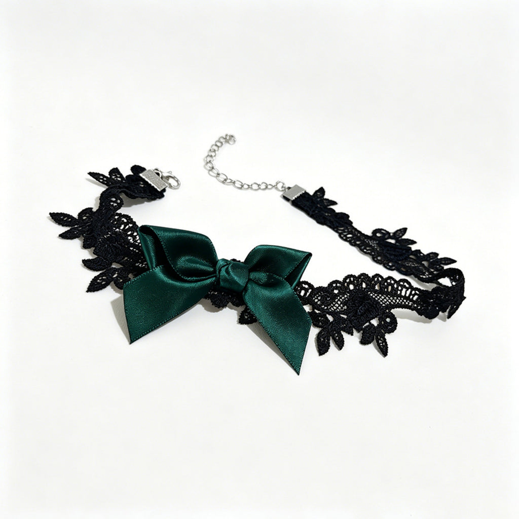 Black Lace Bow Choker Necklace | Dark Green Satin Ribbon Bow Gothic Lolita Dark Romance Halloween Jewelry