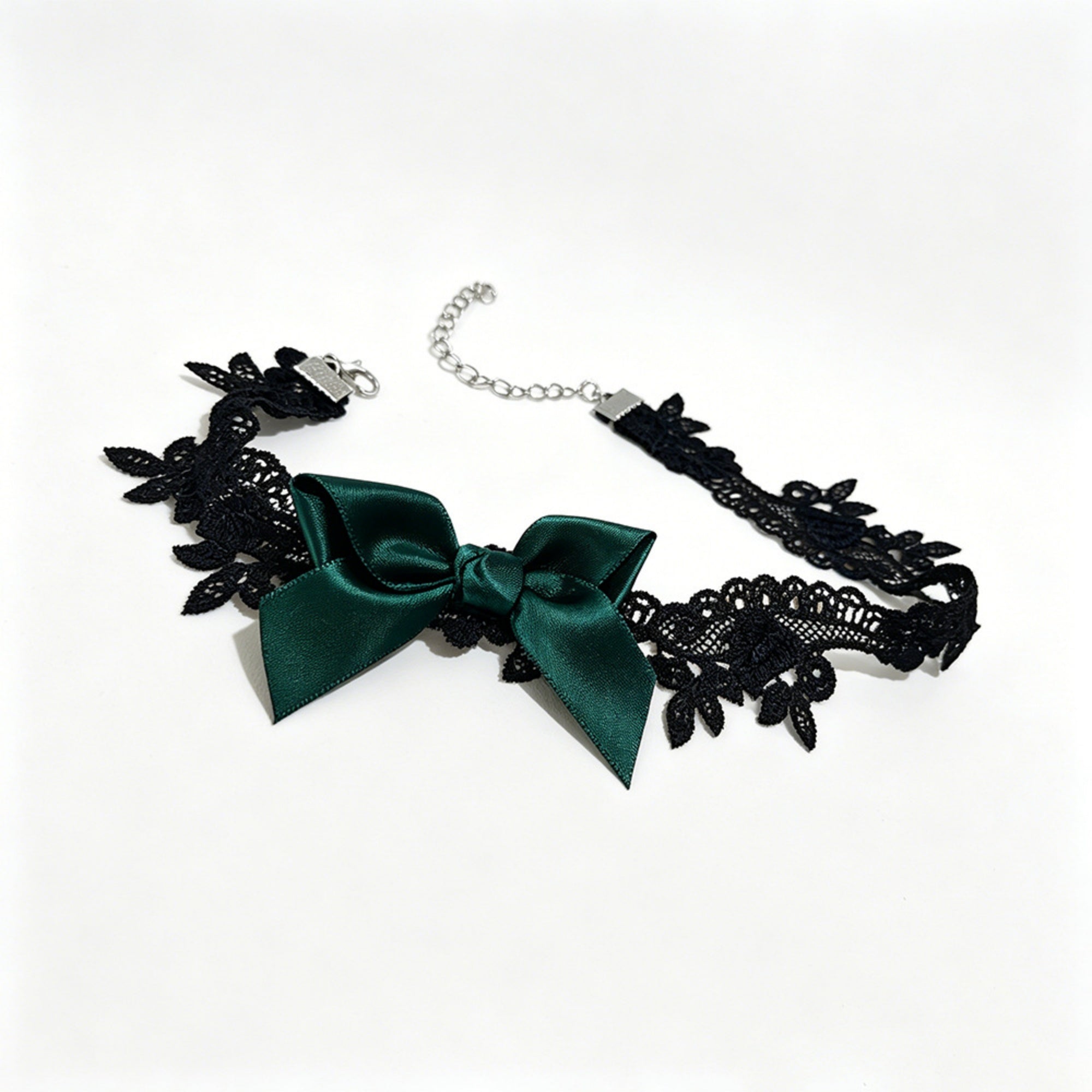 Black Lace Bow Choker Necklace | Dark Green Satin Ribbon Bow Gothic Lolita Dark Romance Halloween Jewelry