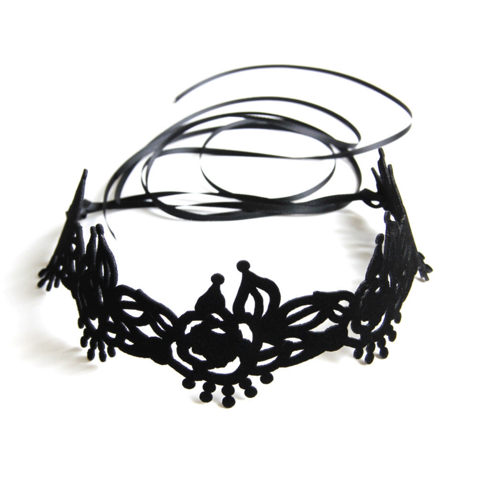 Black Velvet Floral Crown Tiara Choker Necklace | Victorian Rose Leaf Crown Cutwork Ribbon Tie Gothic Lolita Dark Romantic Halloween Jewelry
