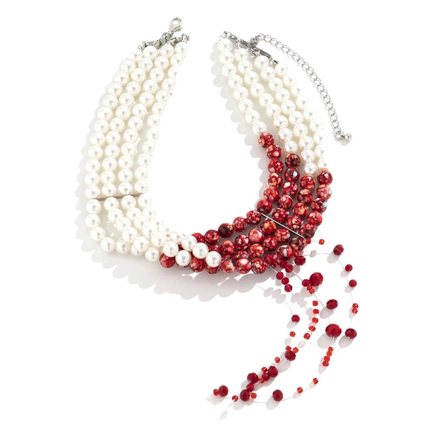 Halloween Gothic Two-Tone Pearl & Blood Red Stone Wide Choker Necklace | Vampire Dark Romance Halloween Costume Jewelry
