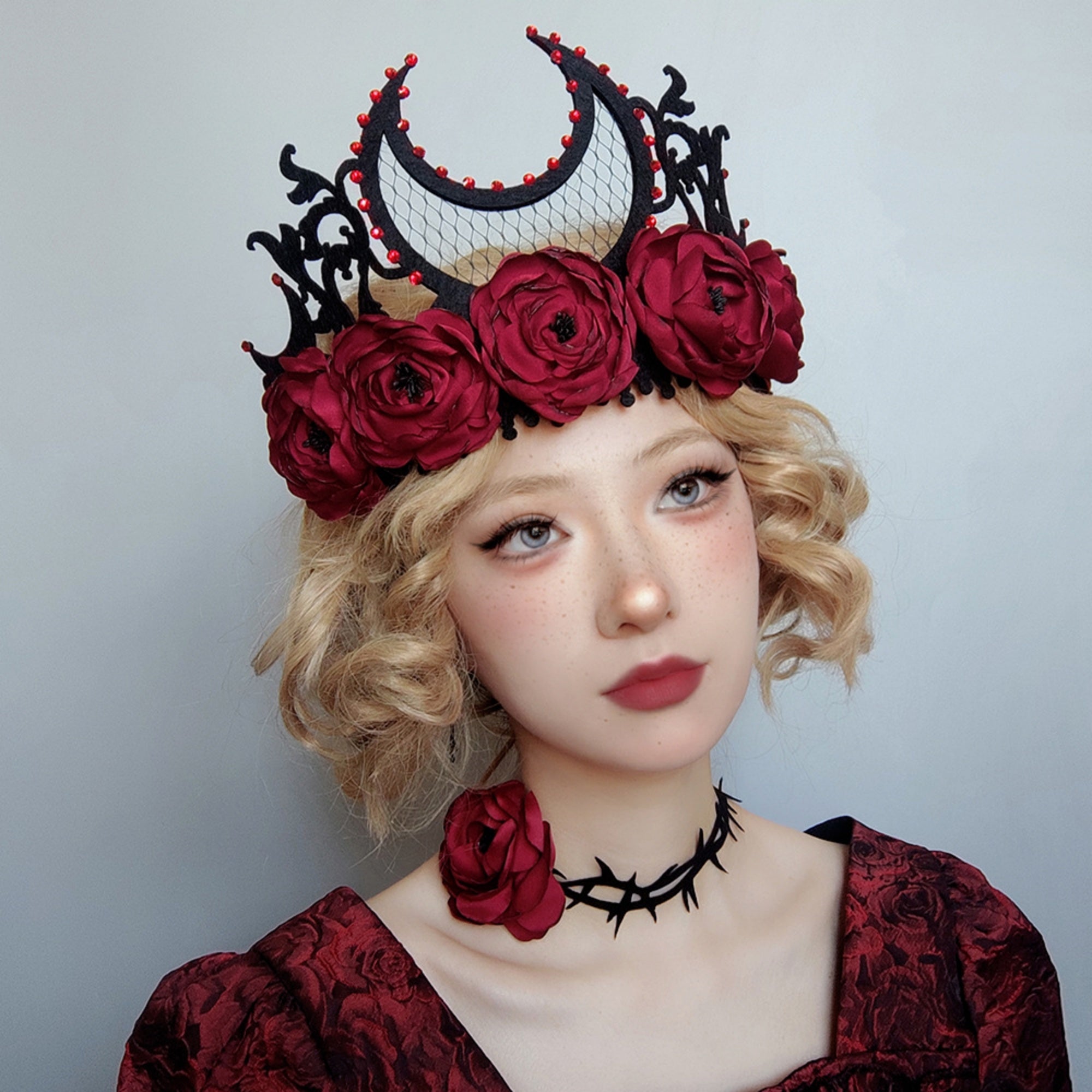 Gothic Dark Red Rose Thorn Choker Necklace | Black Thorns Vine Dark Romance Halloween Vampire Jewelry
