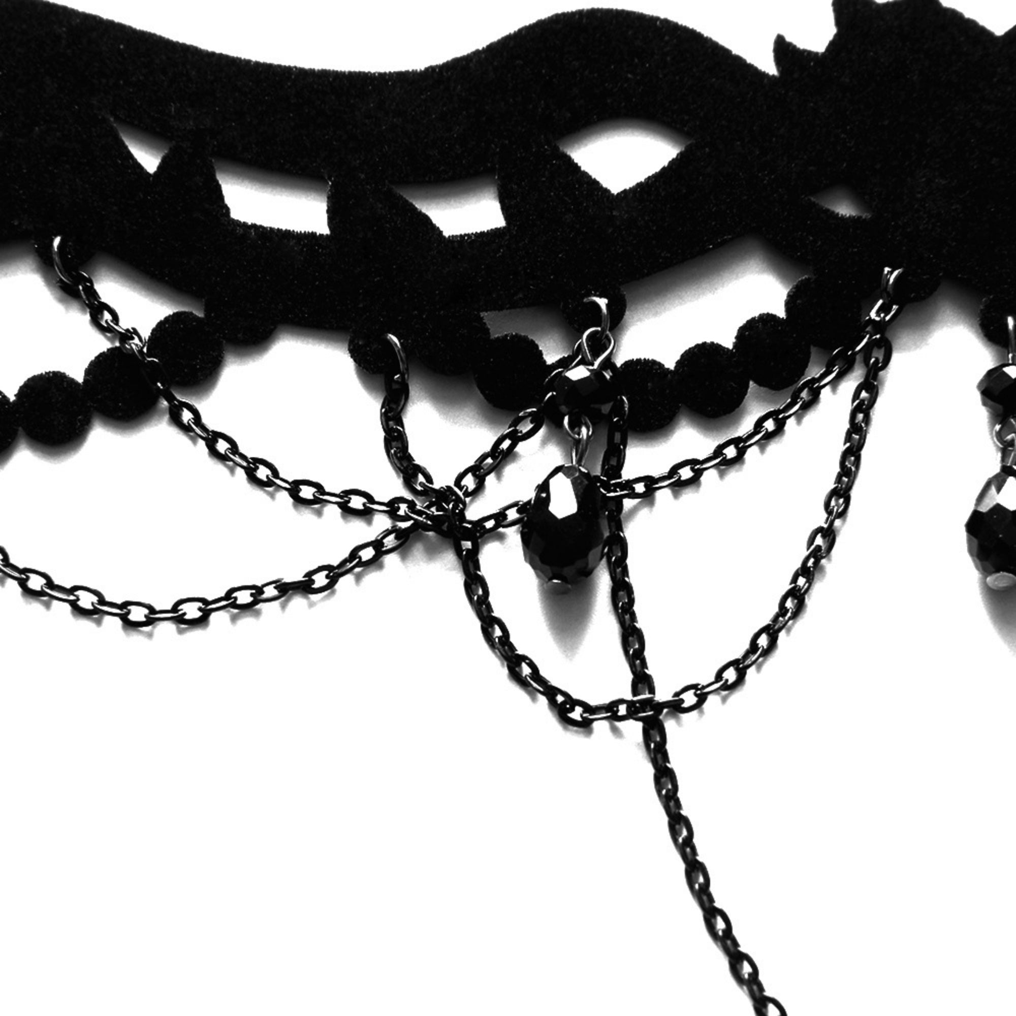 Halloween Gothic All-Black Velvet Crown Cutwork Choker Necklace | Black Chain Drape Bead Fringe Teardrop Pendant Cord Tie Dark Queen Costume Jewelry