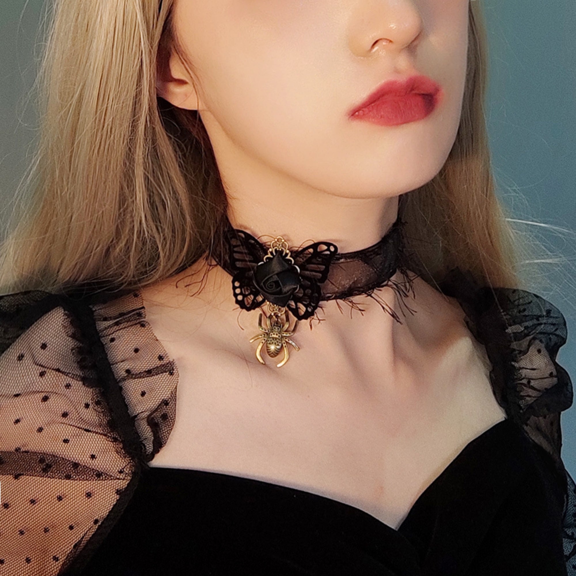 Halloween Black Lace Fringe Choker Necklace | Gold Spider Pendant Black Rose Antique Bronze Butterfly Center Halloween Witch Vampire Dark Costume Jewelry